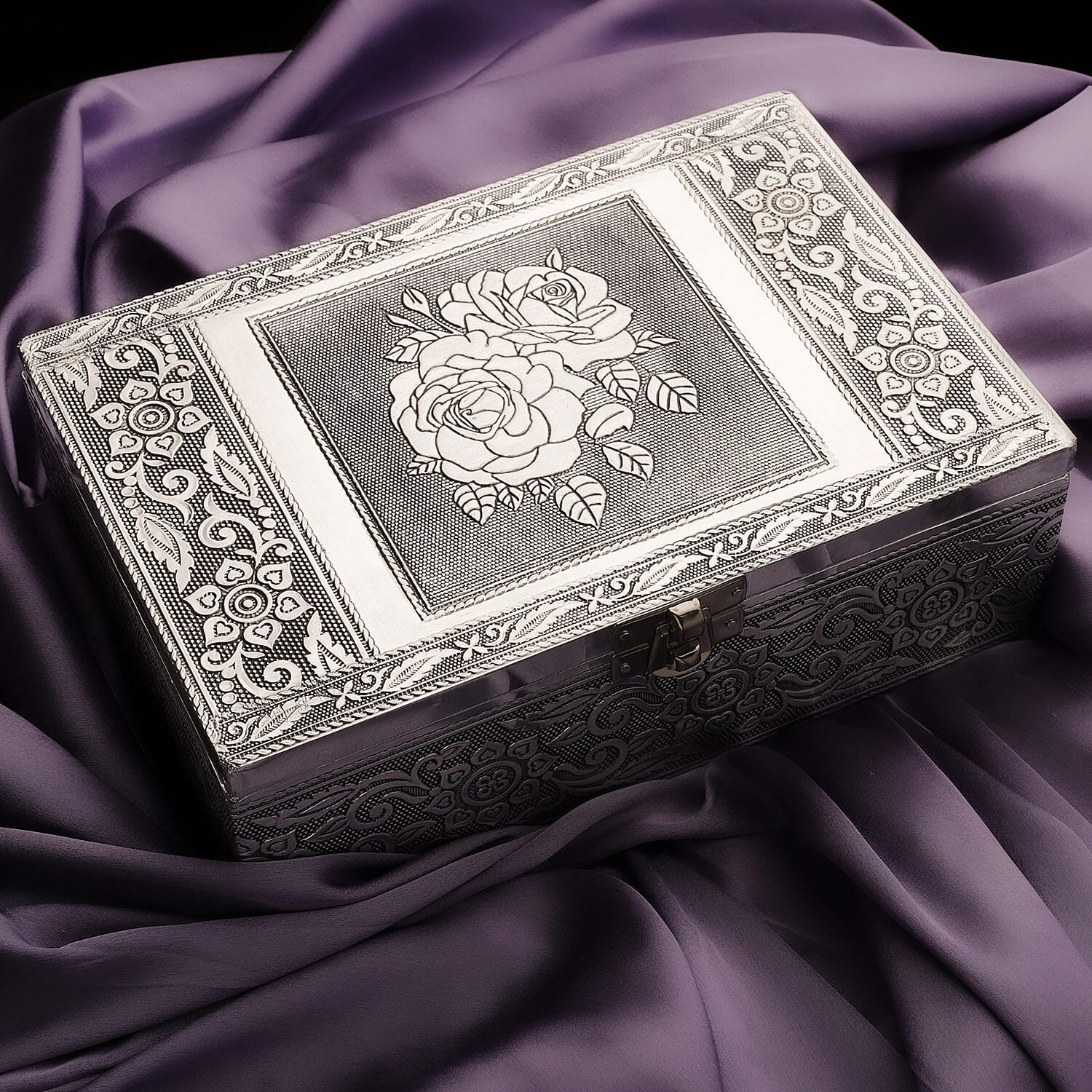 Set of 2 - Rose Embossed Aluminium Storage Box (Size 20x13x7 Cm & 16x10x5 Cm)