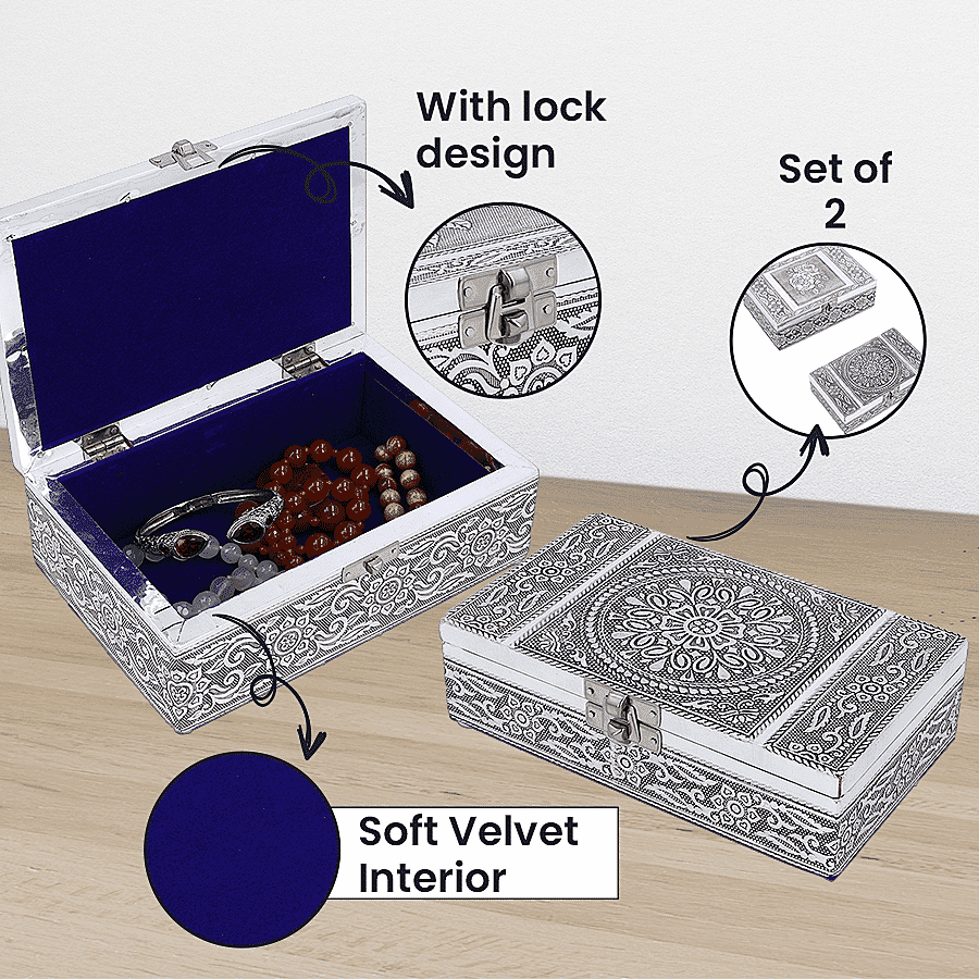 Set of 2 - Rose Embossed Aluminium Storage Box (Size 20x13x7 Cm & 16x10x5 Cm)