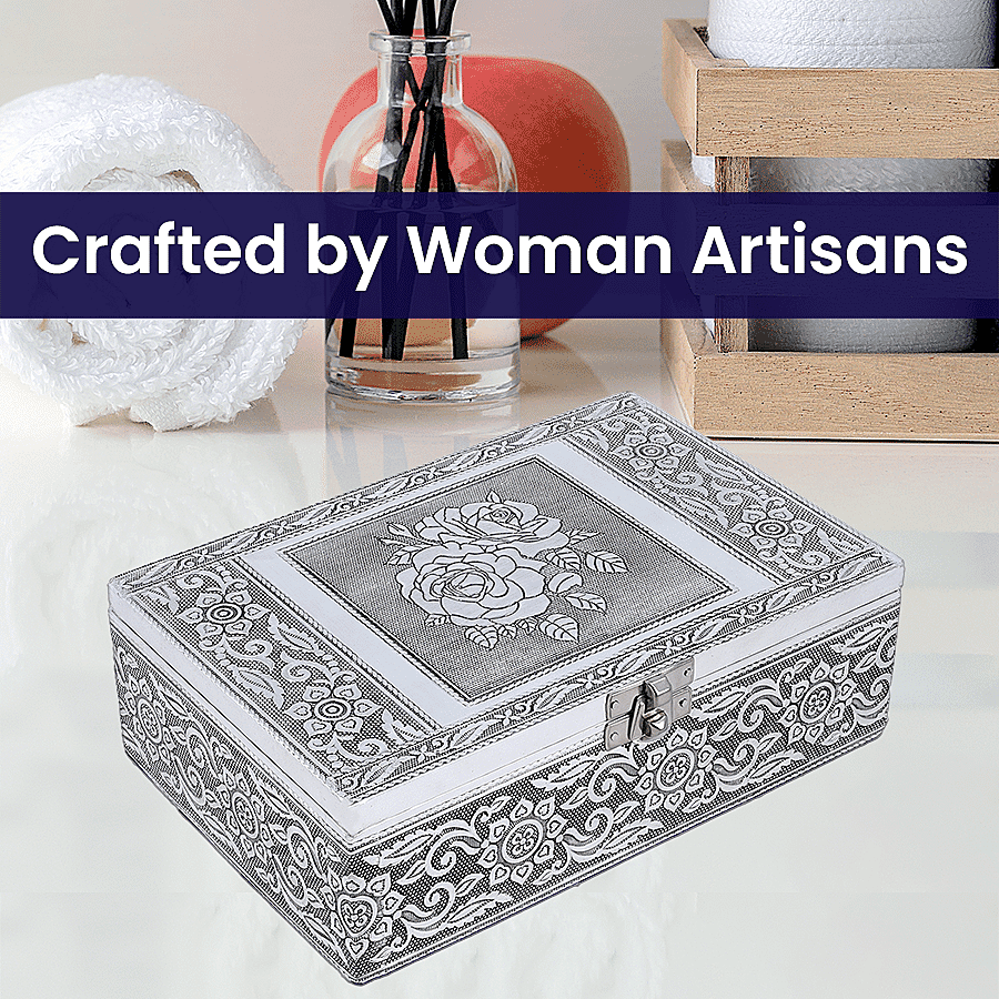 Set of 2 - Rose Embossed Aluminium Storage Box (Size 20x13x7 Cm & 16x10x5 Cm)