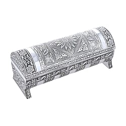 Hand Embossed Oxidized Round Wooden Bangle Box With Scratch Protection (Size 25x9x9 cm) - Silver