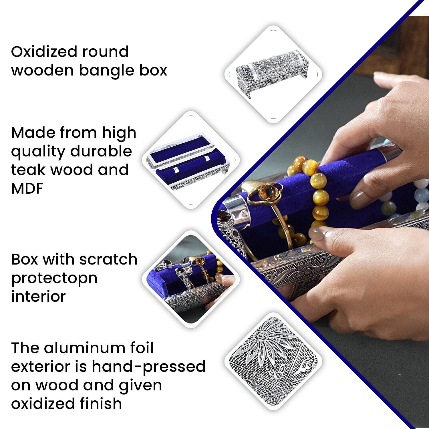 Hand Embossed Oxidized Round Wooden Bangle Box With Scratch Protection (Size 25x9x9 cm) - Silver