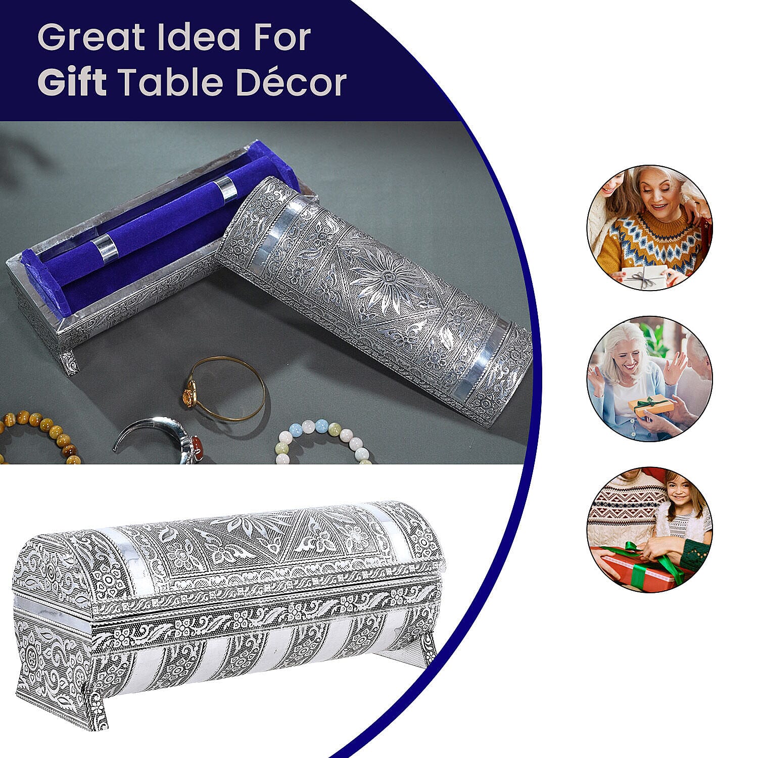 Hand Embossed Oxidized Round Wooden Bangle Box With Scratch Protection (Size 25x9x9 cm) - Silver