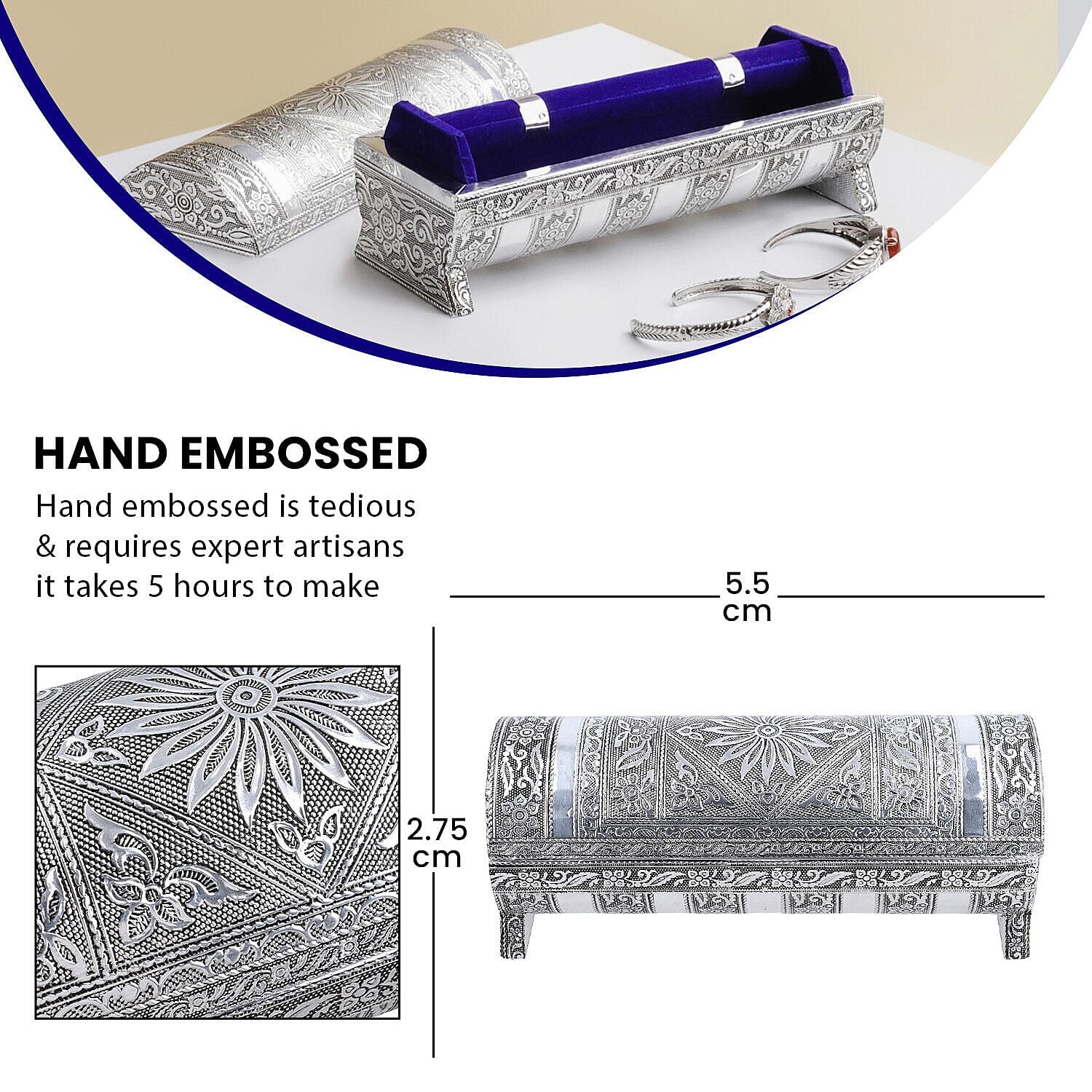 Hand Embossed Oxidized Round Wooden Bangle Box With Scratch Protection (Size 25x9x9 cm) - Silver