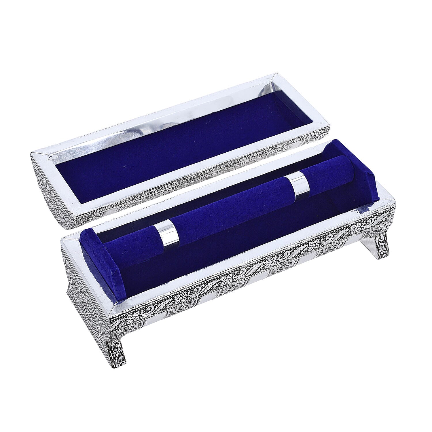 Hand Embossed Oxidized Round Wooden Bangle Box With Scratch Protection (Size 25x9x9 cm) - Silver