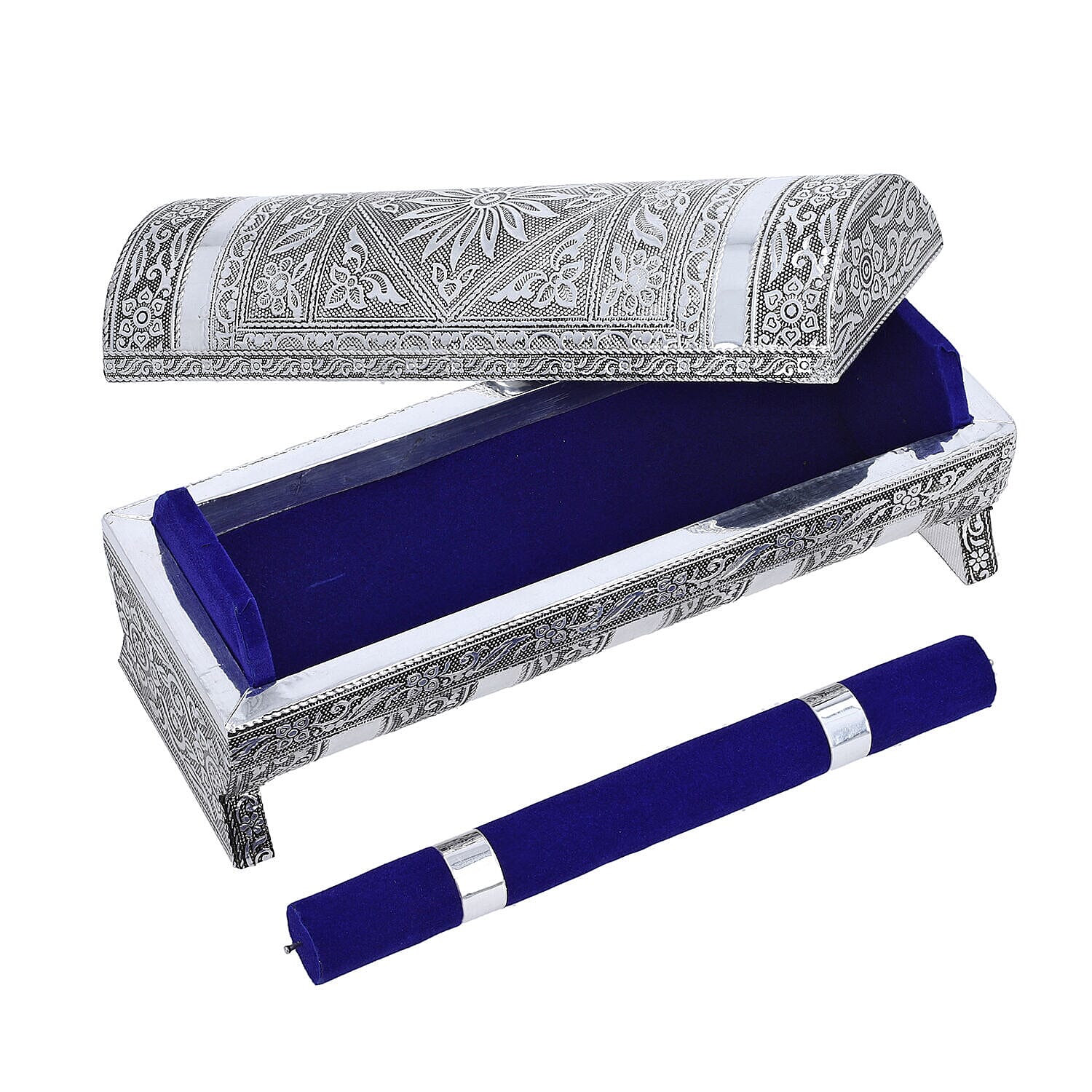 Hand Embossed Oxidized Round Wooden Bangle Box With Scratch Protection (Size 25x9x9 cm) - Silver