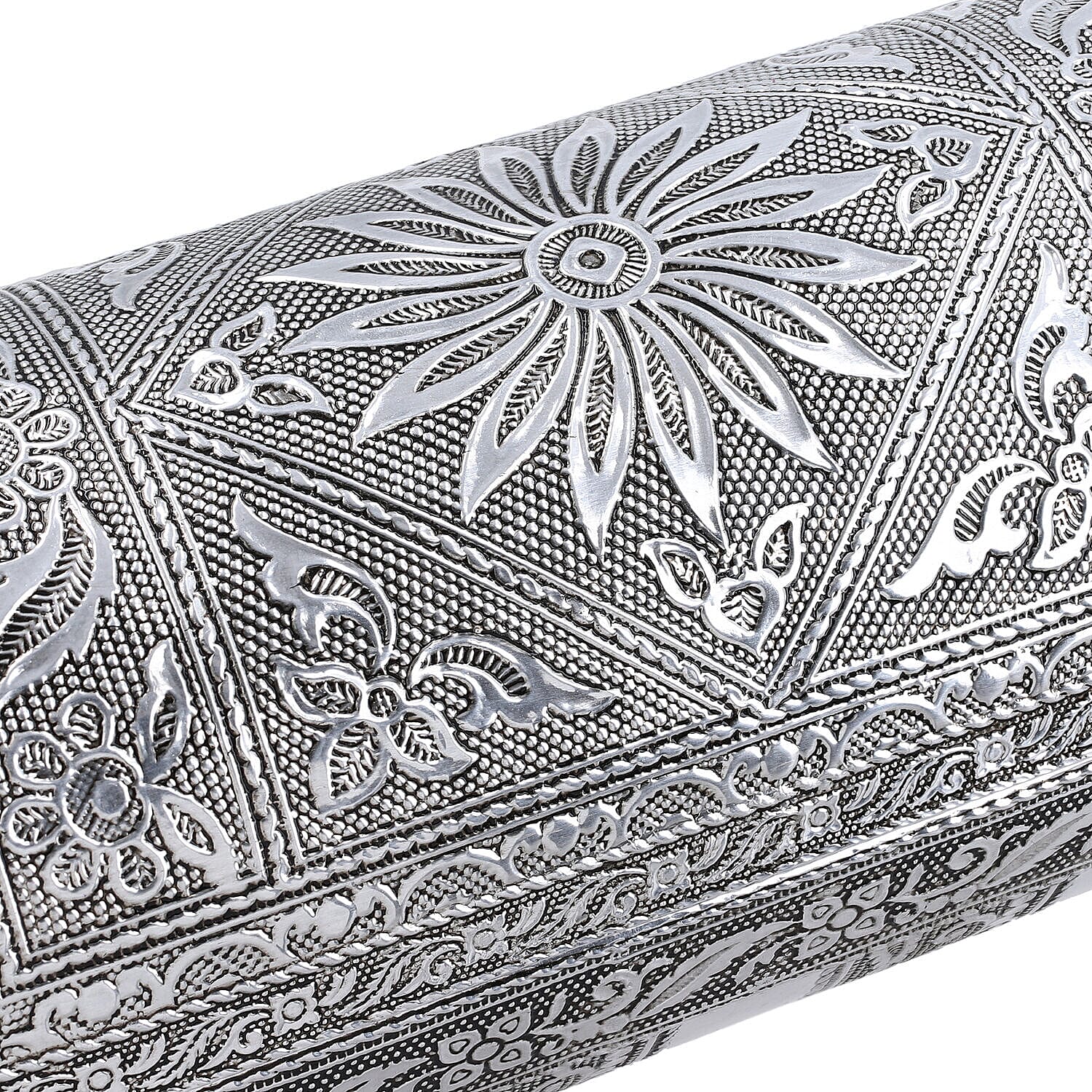 Hand Embossed Oxidized Round Wooden Bangle Box With Scratch Protection (Size 25x9x9 cm) - Silver