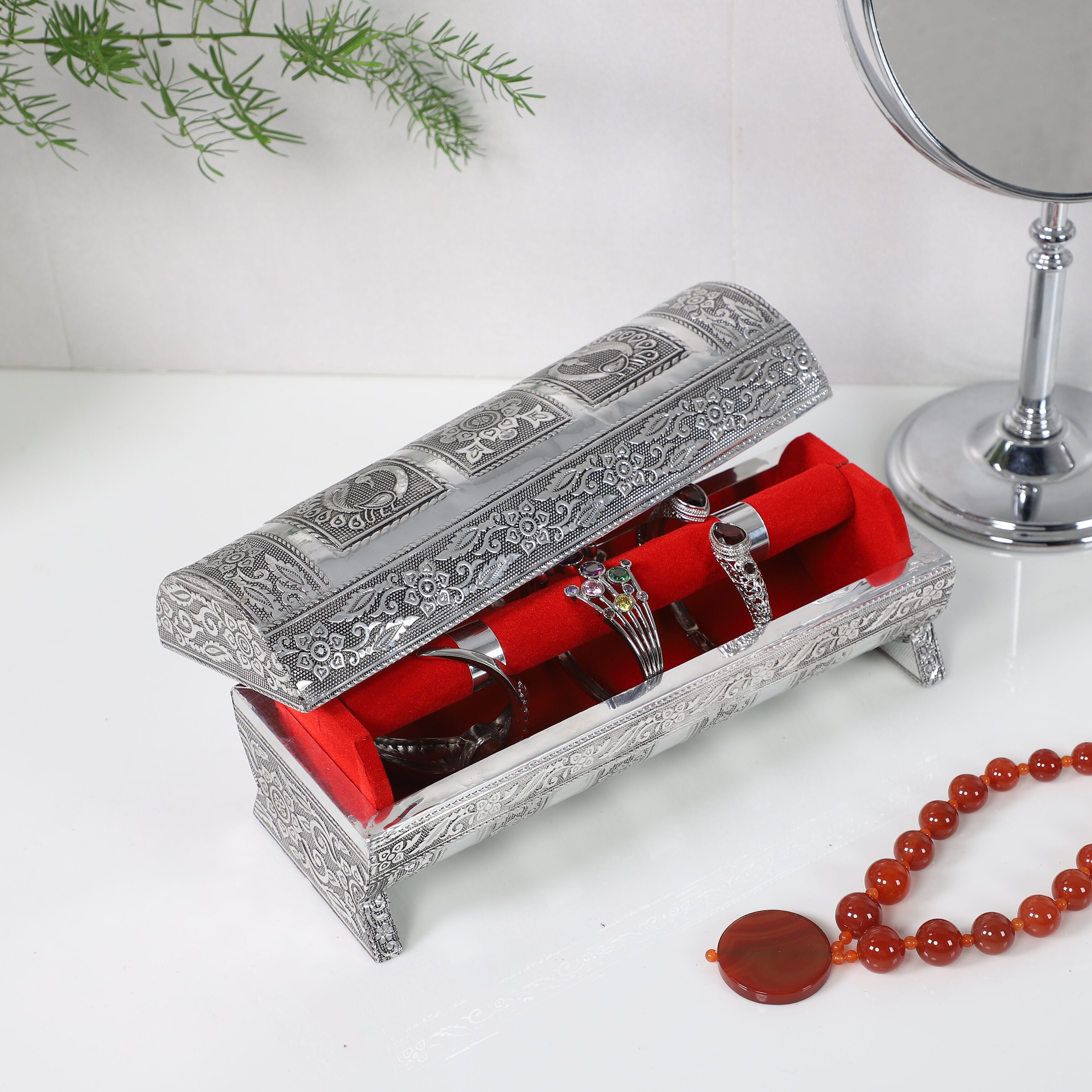 Hand Embossed Oxidized Round Wooden Bangle Box With Scratch Protection (Size 25x9x9 cm) - Red