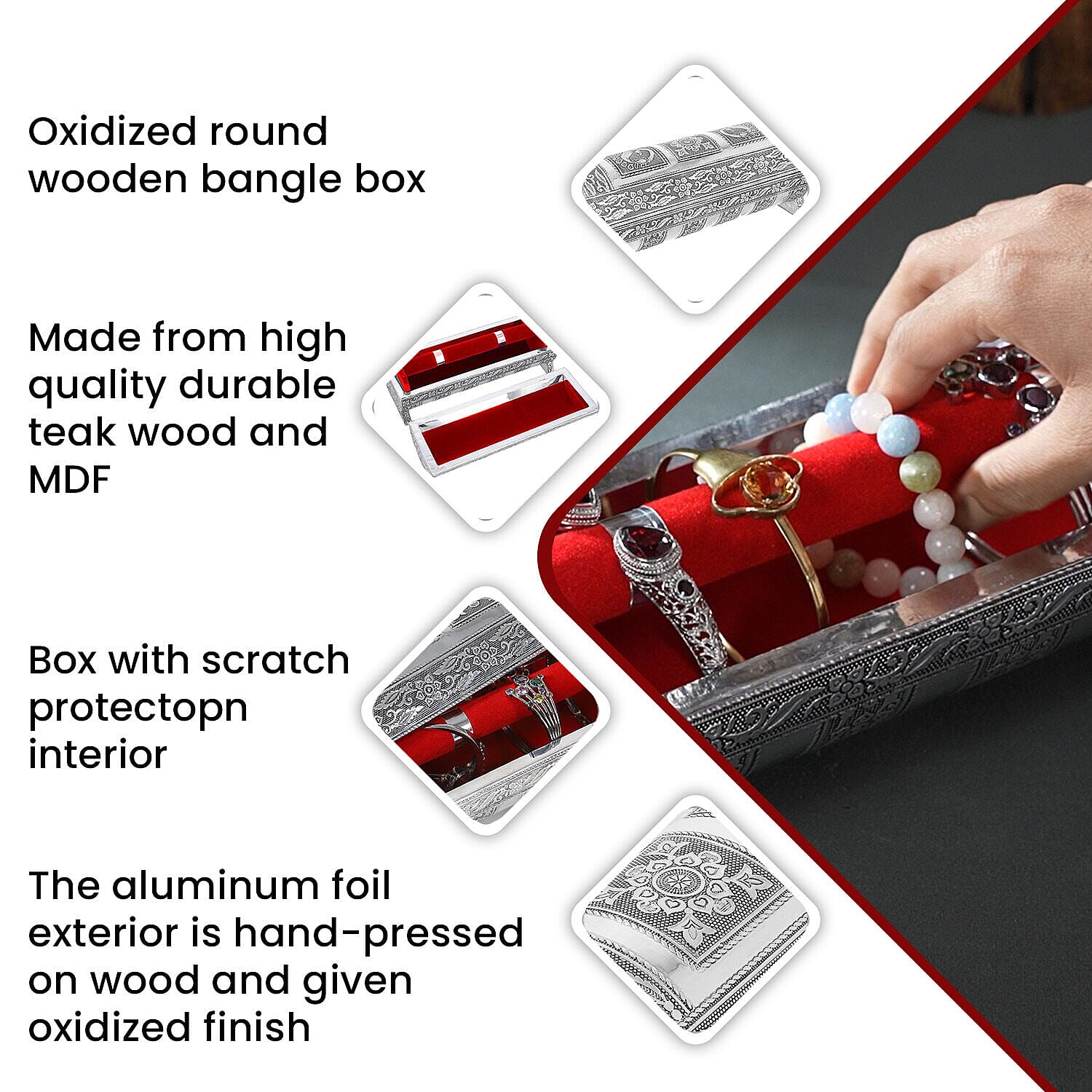 Hand Embossed Oxidized Round Wooden Bangle Box With Scratch Protection (Size 25x9x9 cm) - Red