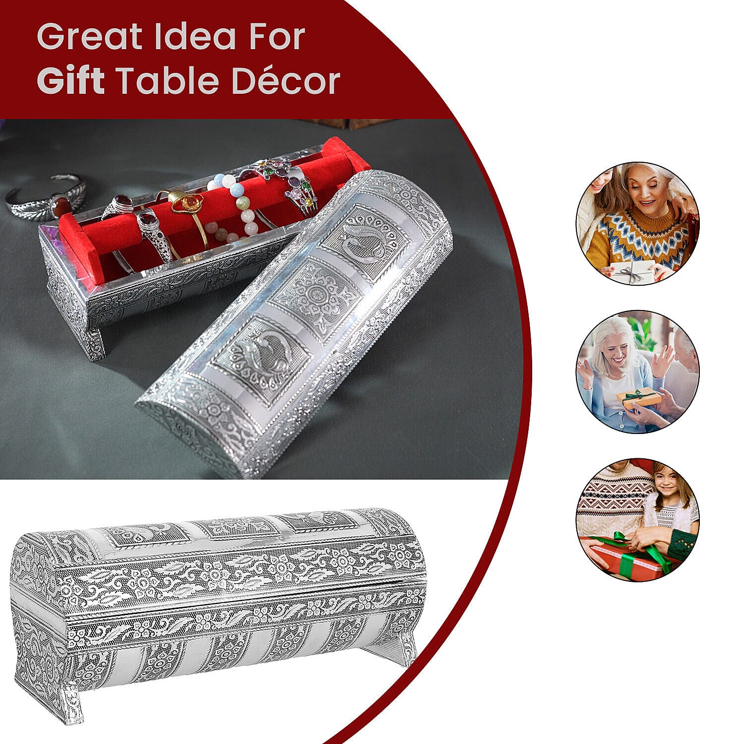 Hand Embossed Oxidized Round Wooden Bangle Box With Scratch Protection (Size 25x9x9 cm) - Red