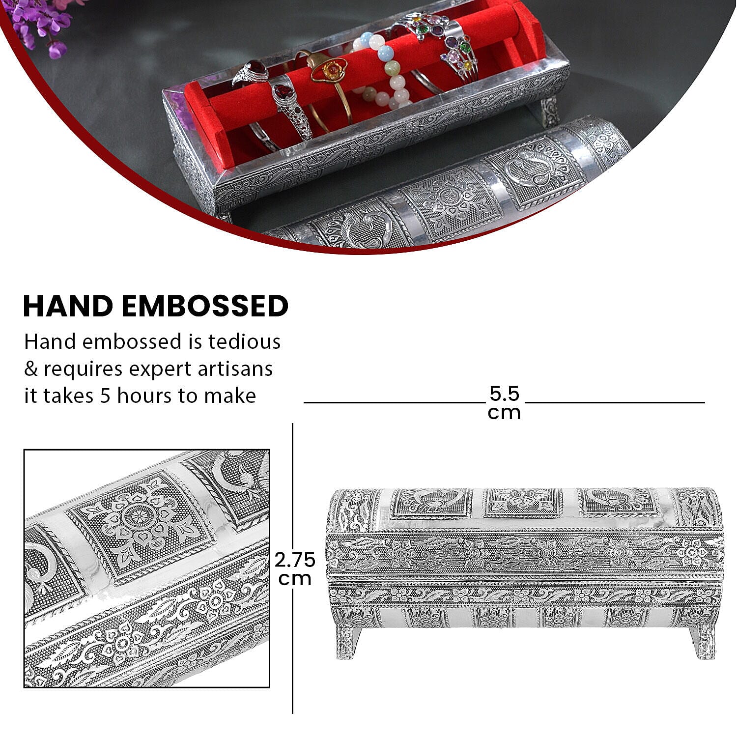 Hand Embossed Oxidized Round Wooden Bangle Box With Scratch Protection (Size 25x9x9 cm) - Red