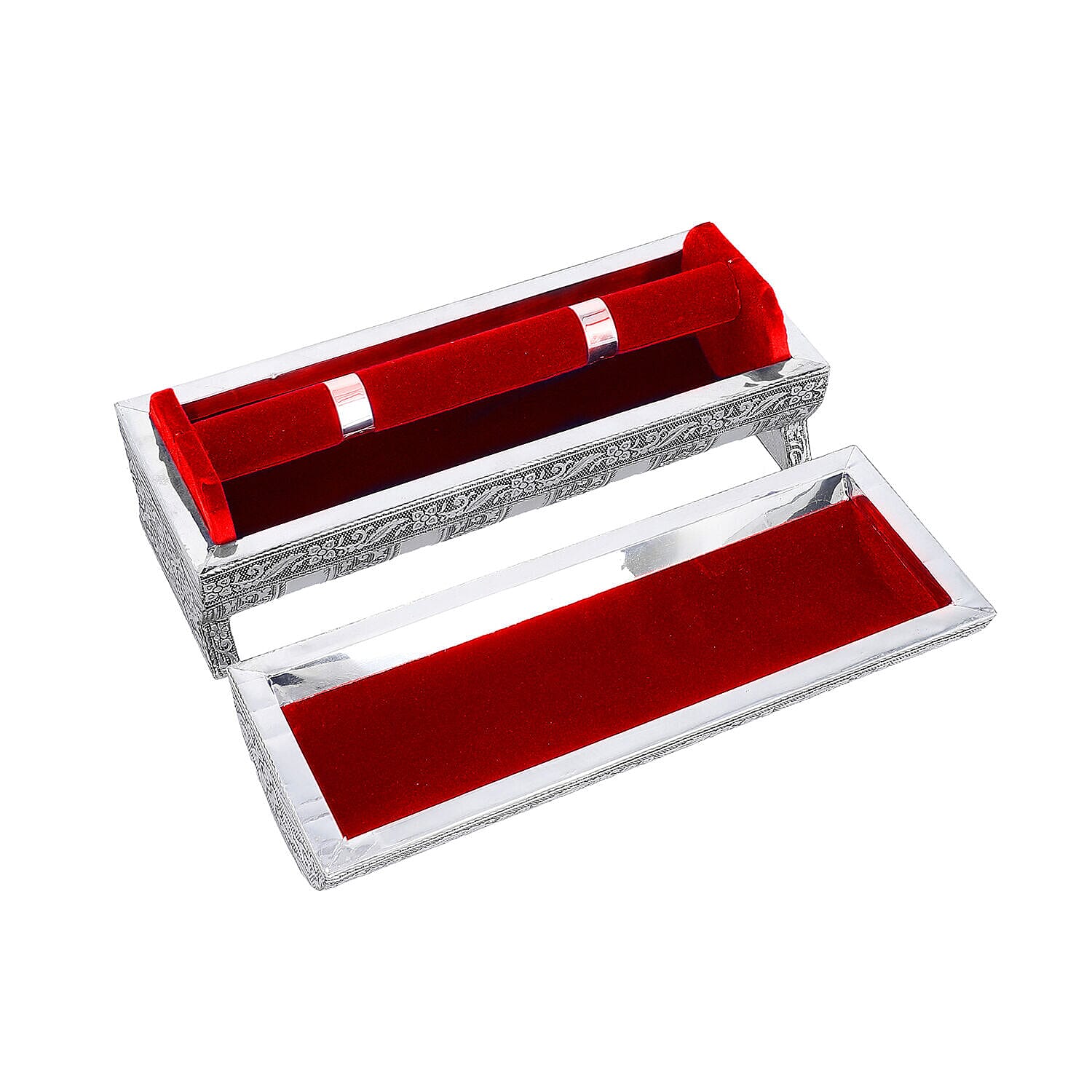 Hand Embossed Oxidized Round Wooden Bangle Box With Scratch Protection (Size 25x9x9 cm) - Red