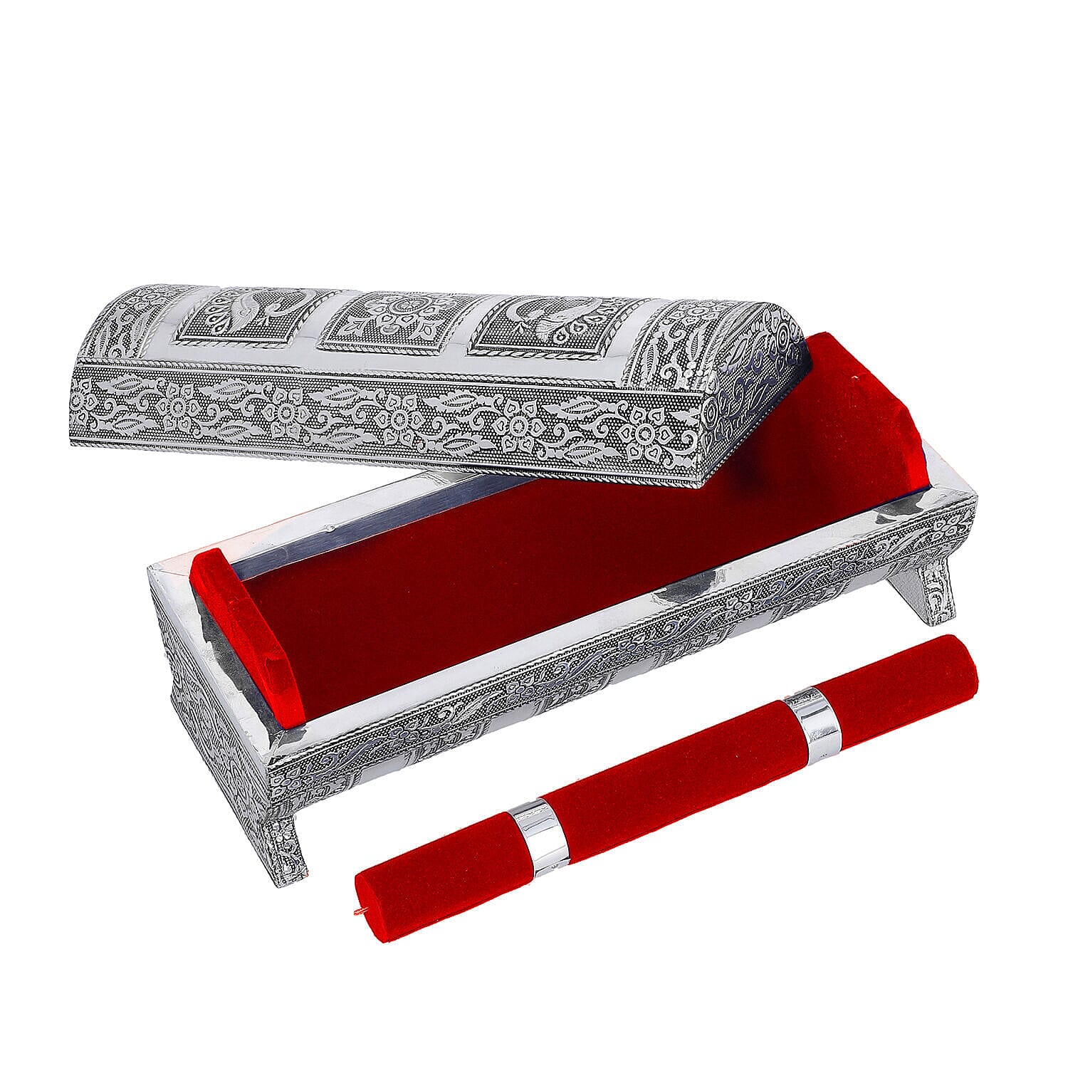 Hand Embossed Oxidized Round Wooden Bangle Box With Scratch Protection (Size 25x9x9 cm) - Red