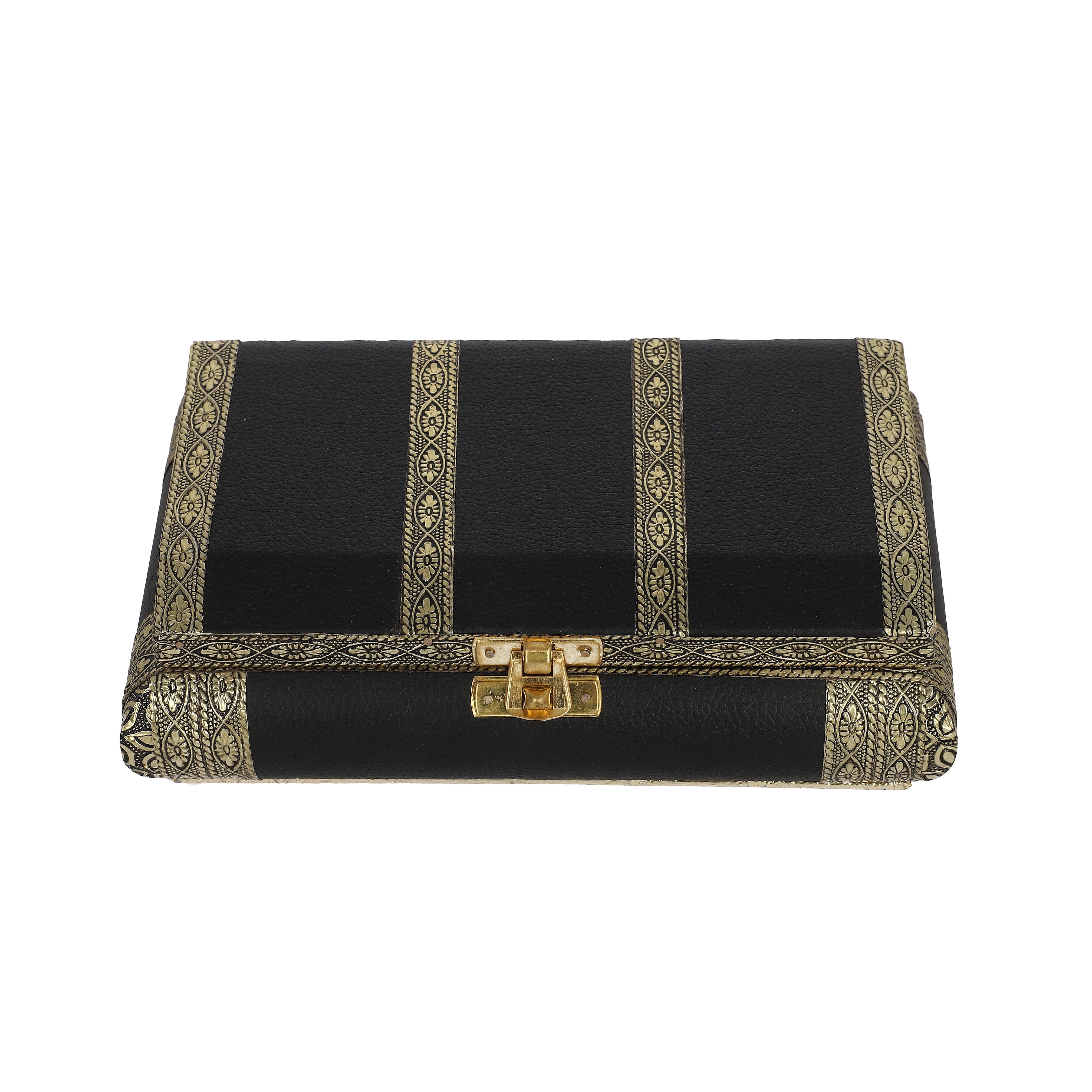 Handcrafted Flower and Leaf Patterned Multi Purpose Box with Velvet Inner lining (Size 19x12x5 cm) - Black