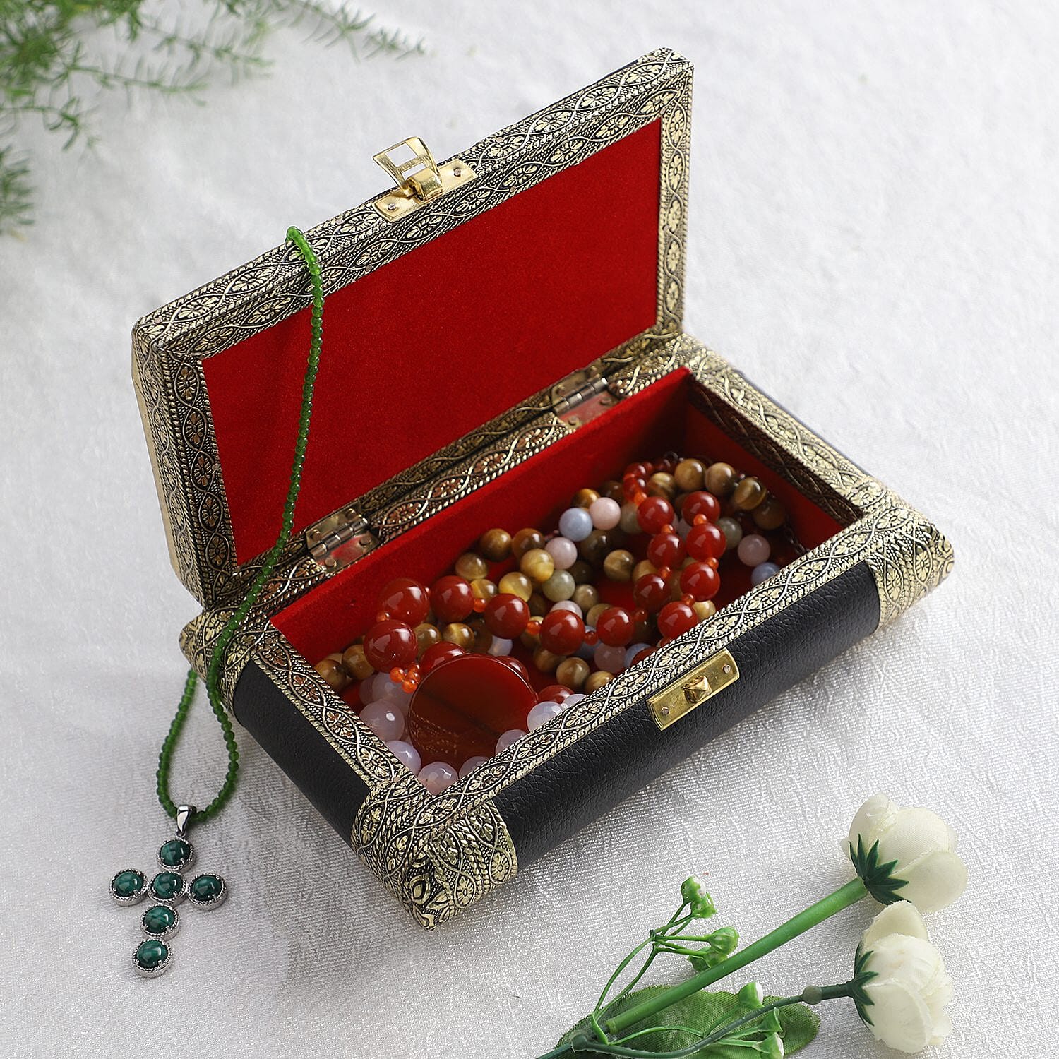 Handcrafted Flower and Leaf Patterned Multi Purpose Box with Velvet Inner lining (Size 19x12x5 cm) - Black