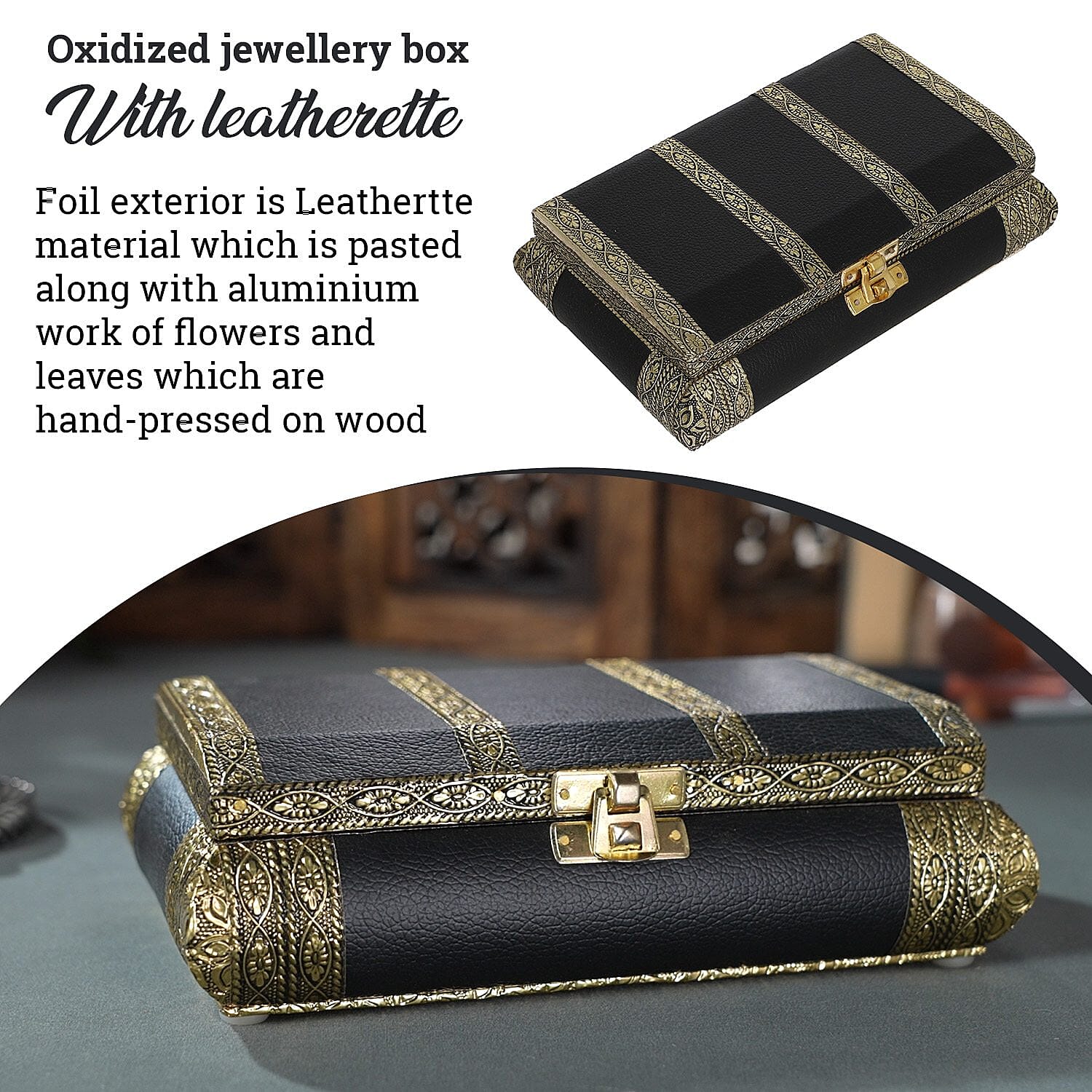 Handcrafted Flower and Leaf Patterned Multi Purpose Box with Velvet Inner lining (Size 19x12x5 cm) - Black