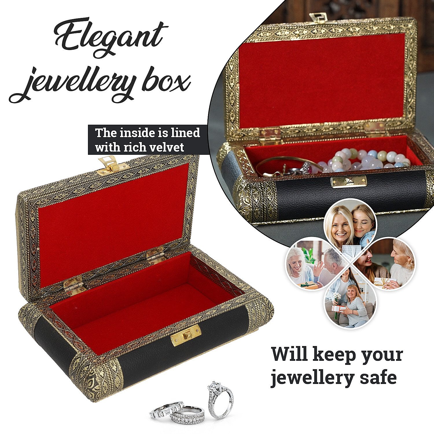 Handcrafted Flower and Leaf Patterned Multi Purpose Box with Velvet Inner lining (Size 19x12x5 cm) - Black