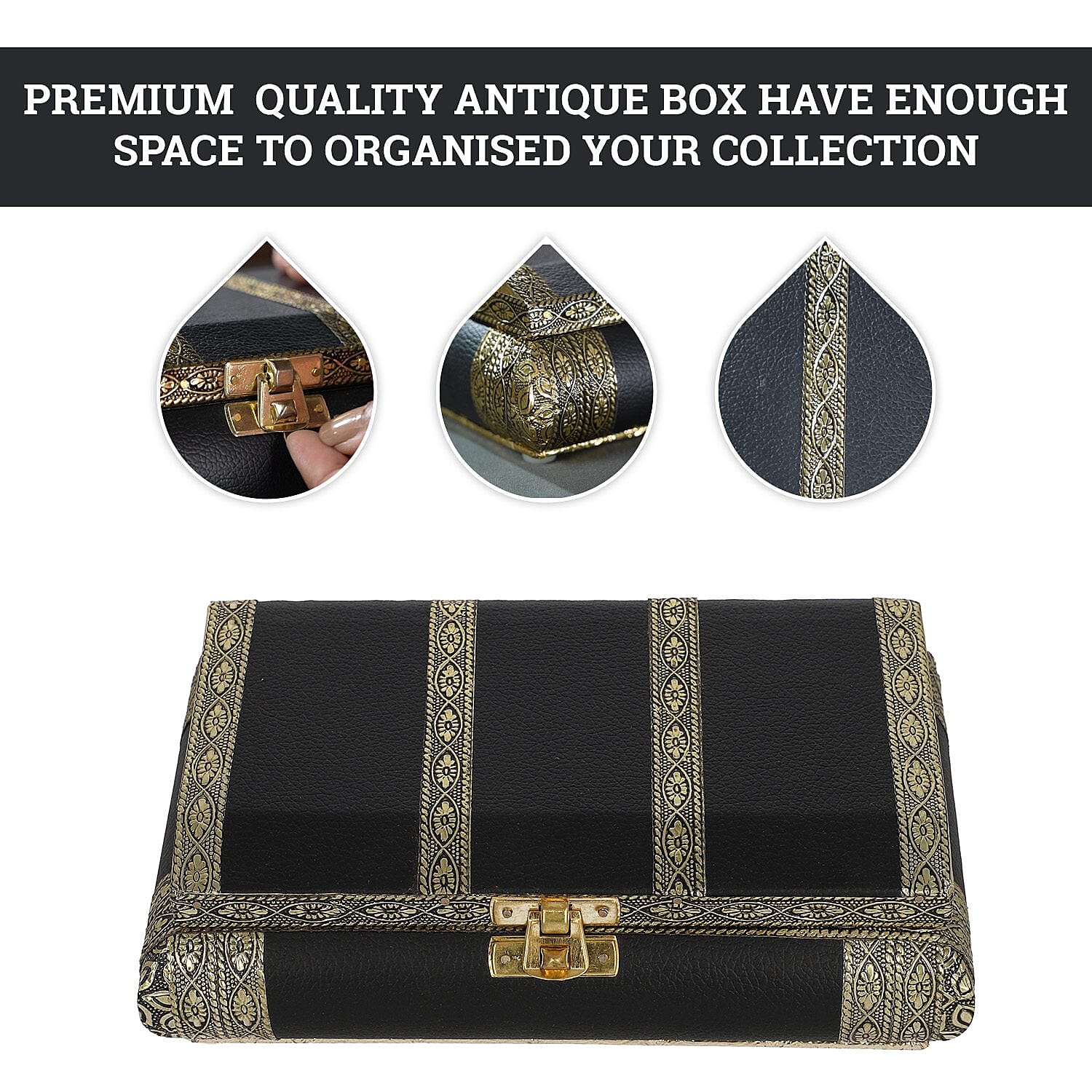 Handcrafted Flower and Leaf Patterned Multi Purpose Box with Velvet Inner lining (Size 19x12x5 cm) - Black