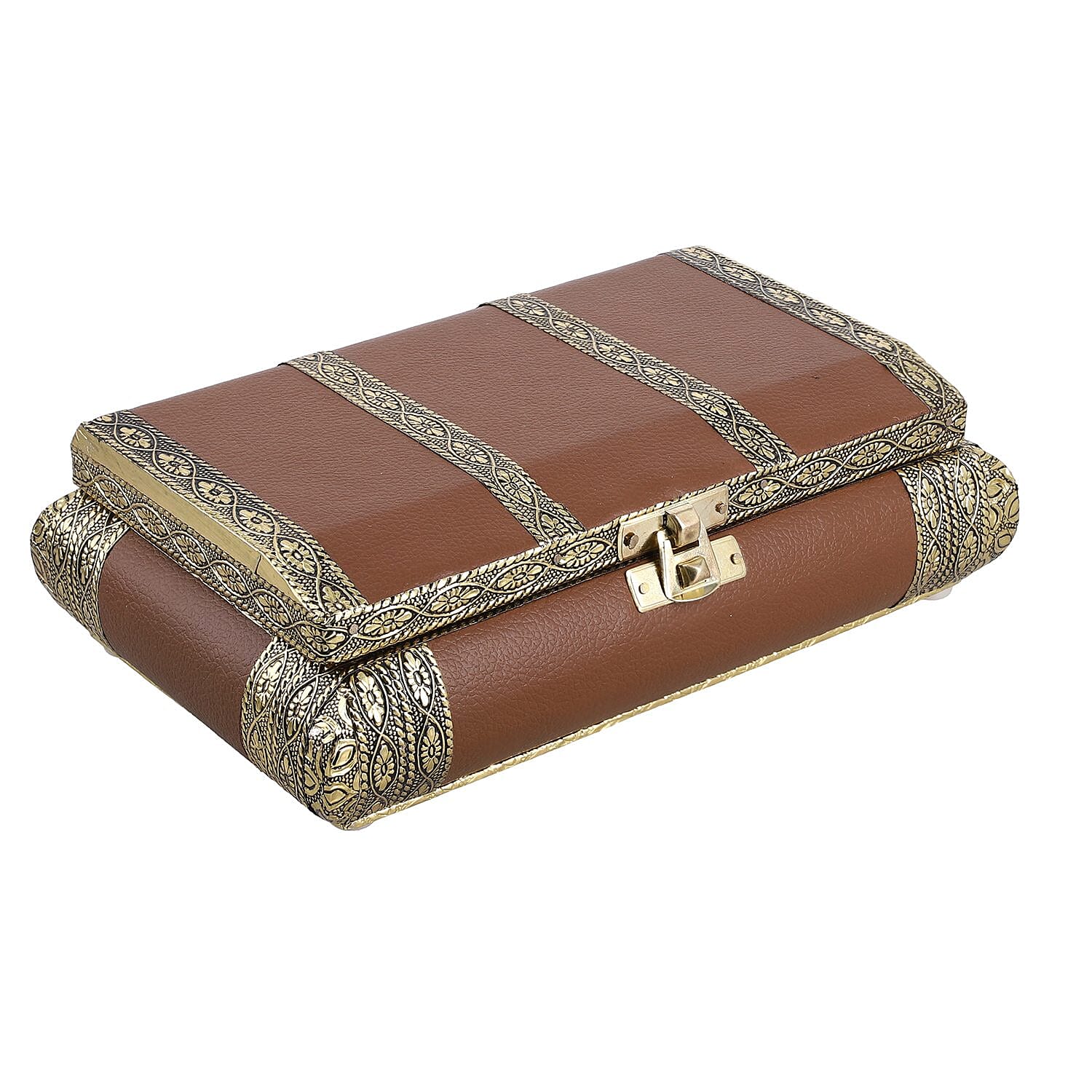 Handcrafted Flower and Leaf Patterned Multi Purpose Box with Velvet Inner lining (Size 19x12x5 cm) - Camel