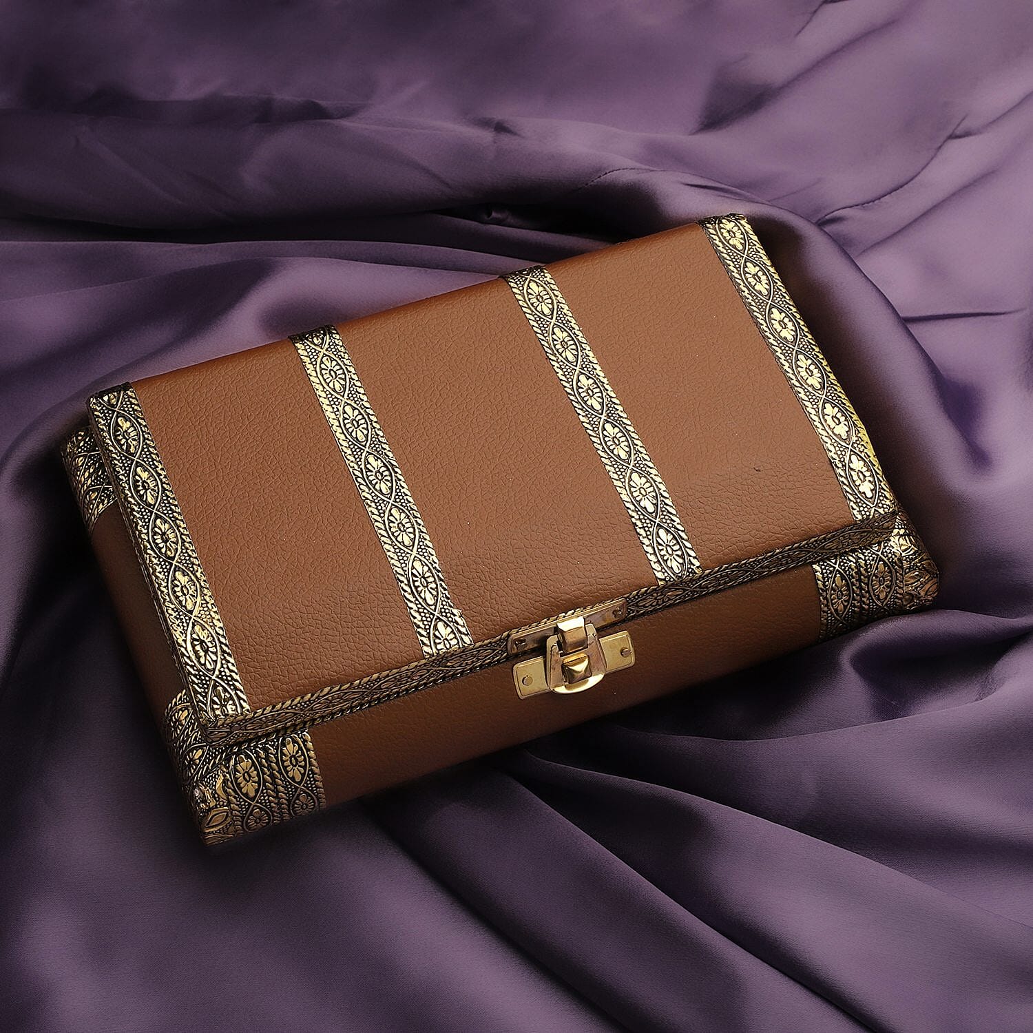 Handcrafted Flower and Leaf Patterned Multi Purpose Box with Velvet Inner lining (Size 19x12x5 cm) - Camel