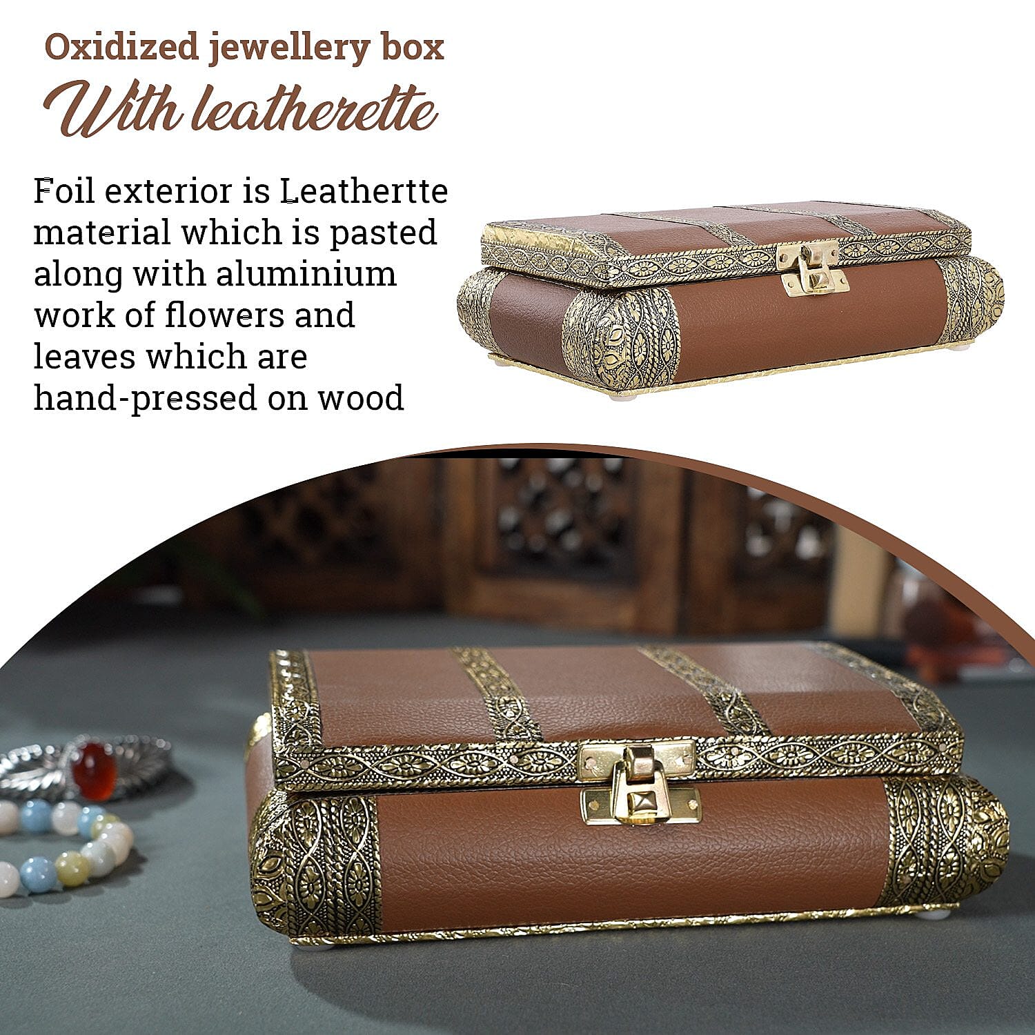 Handcrafted Flower and Leaf Patterned Multi Purpose Box with Velvet Inner lining (Size 19x12x5 cm) - Camel