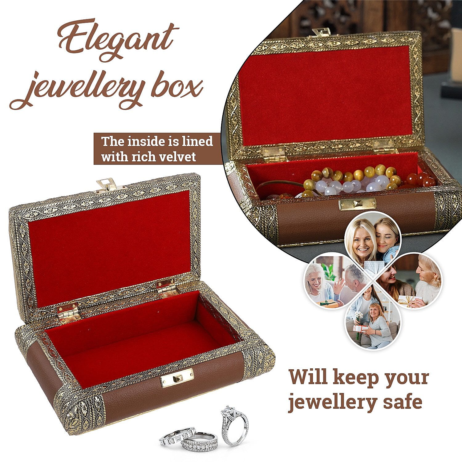 Handcrafted Flower and Leaf Patterned Multi Purpose Box with Velvet Inner lining (Size 19x12x5 cm) - Camel