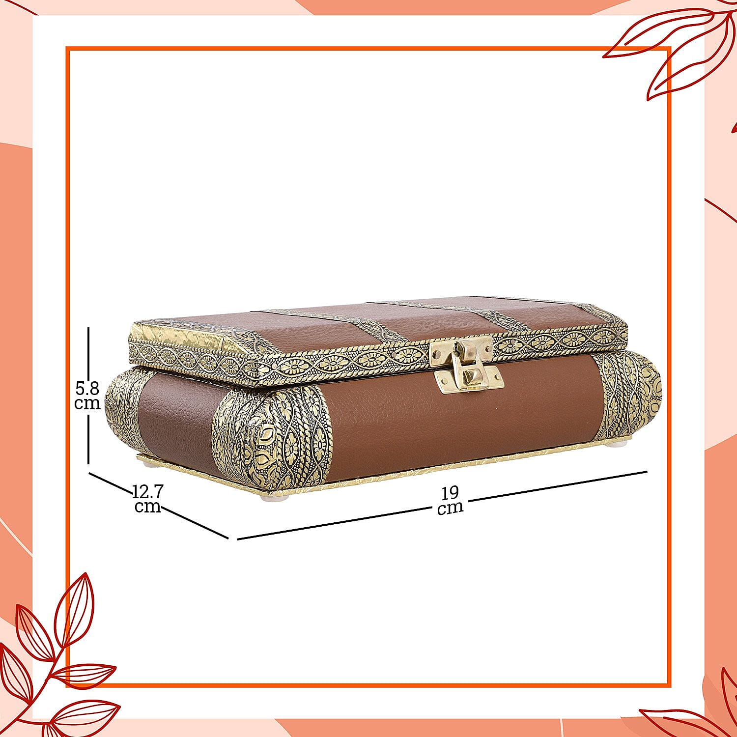 Handcrafted Flower and Leaf Patterned Multi Purpose Box with Velvet Inner lining (Size 19x12x5 cm) - Camel