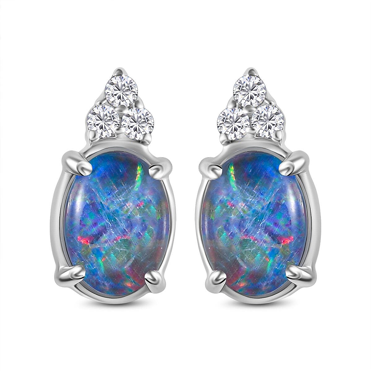  9K White Gold AA Boulder Triplet Opal , Moissanite Solitaire Stud Push Post Earring 1.32 ct, Gold Wt. 0.7 Gms 1.460 Ct.