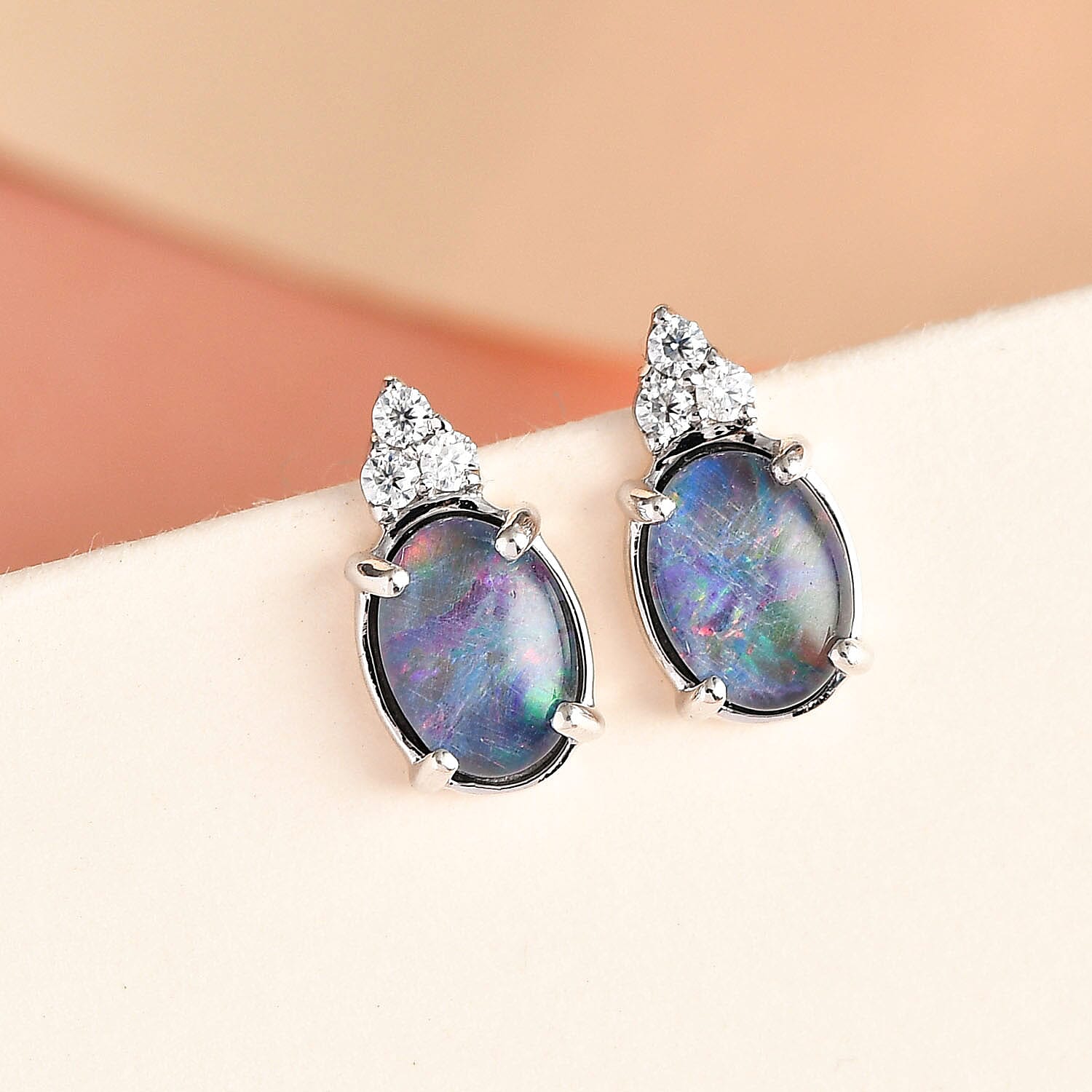  9K White Gold AA Boulder Triplet Opal , Moissanite Solitaire Stud Push Post Earring 1.32 ct, Gold Wt. 0.7 Gms 1.460 Ct.