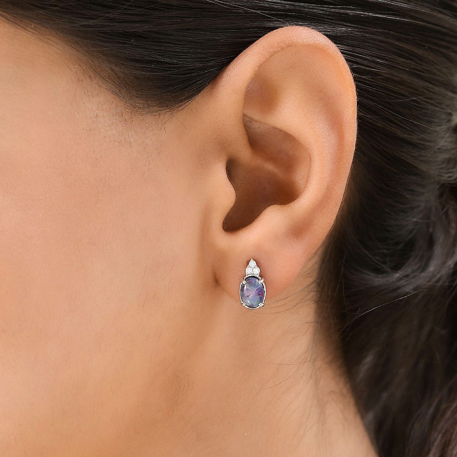  9K White Gold AA Boulder Triplet Opal , Moissanite Solitaire Stud Push Post Earring 1.32 ct, Gold Wt. 0.7 Gms 1.460 Ct.