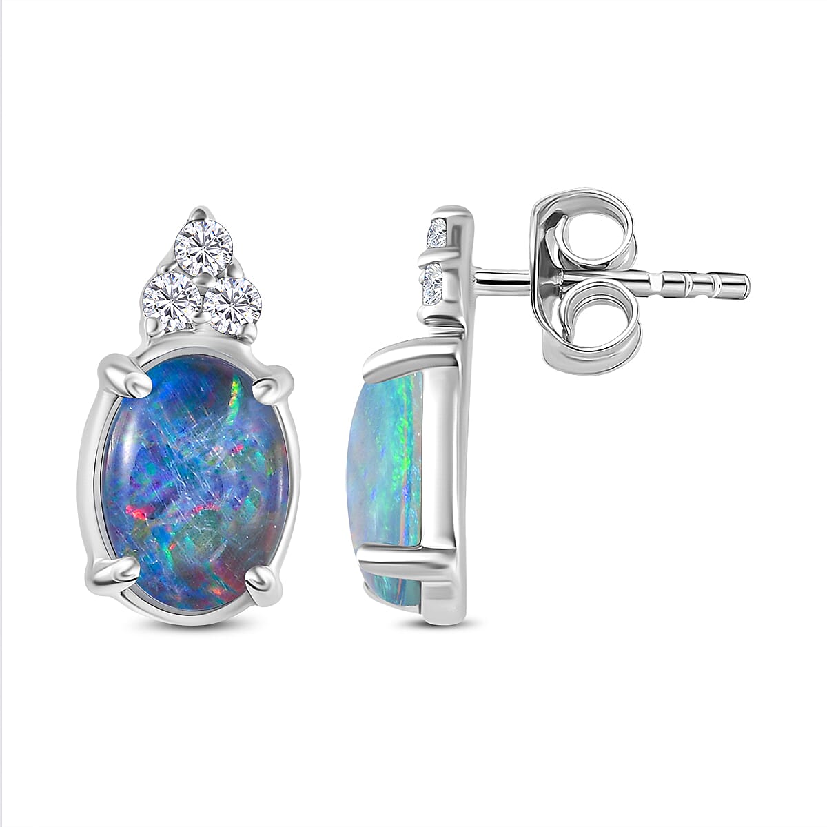 9K White Gold AA Boulder Triplet Opal , Moissanite Solitaire Stud Push Post Earring 1.32 ct, Gold Wt. 0.7 Gms 1.460 Ct.