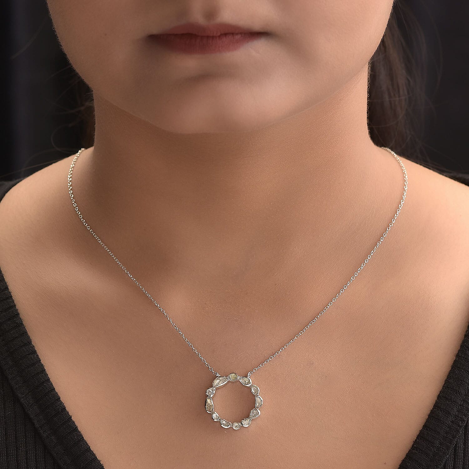 Artisan Crafted Polki Diamond Circle Necklace (Size - 18-2 Inch Ext.) in Platinum Overlay Sterling Silver 0.50 Ct.