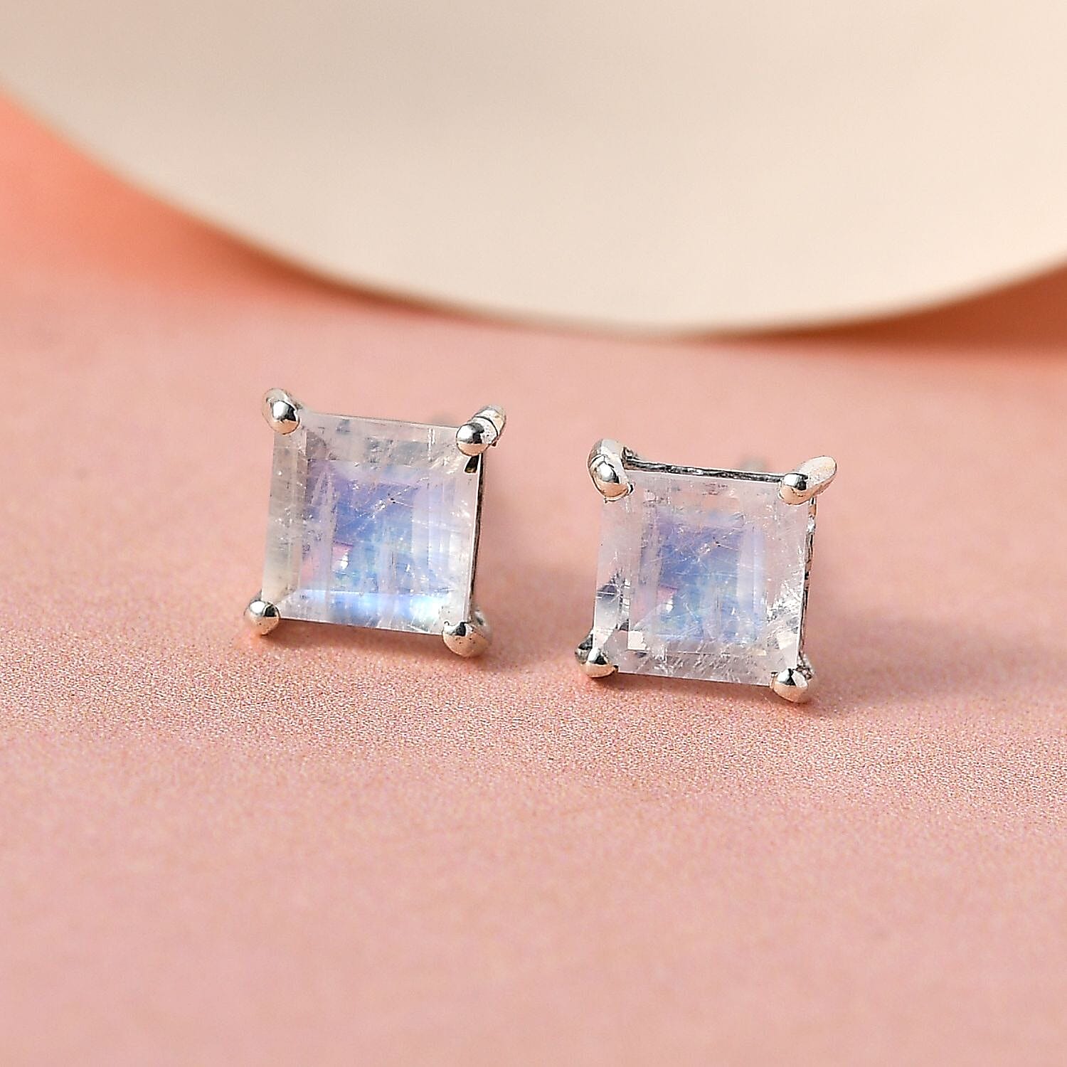 Rainbow Moonstone Earrings (With Push Back) in Platinum Overlay Sterling Silver 1.20 Ct.