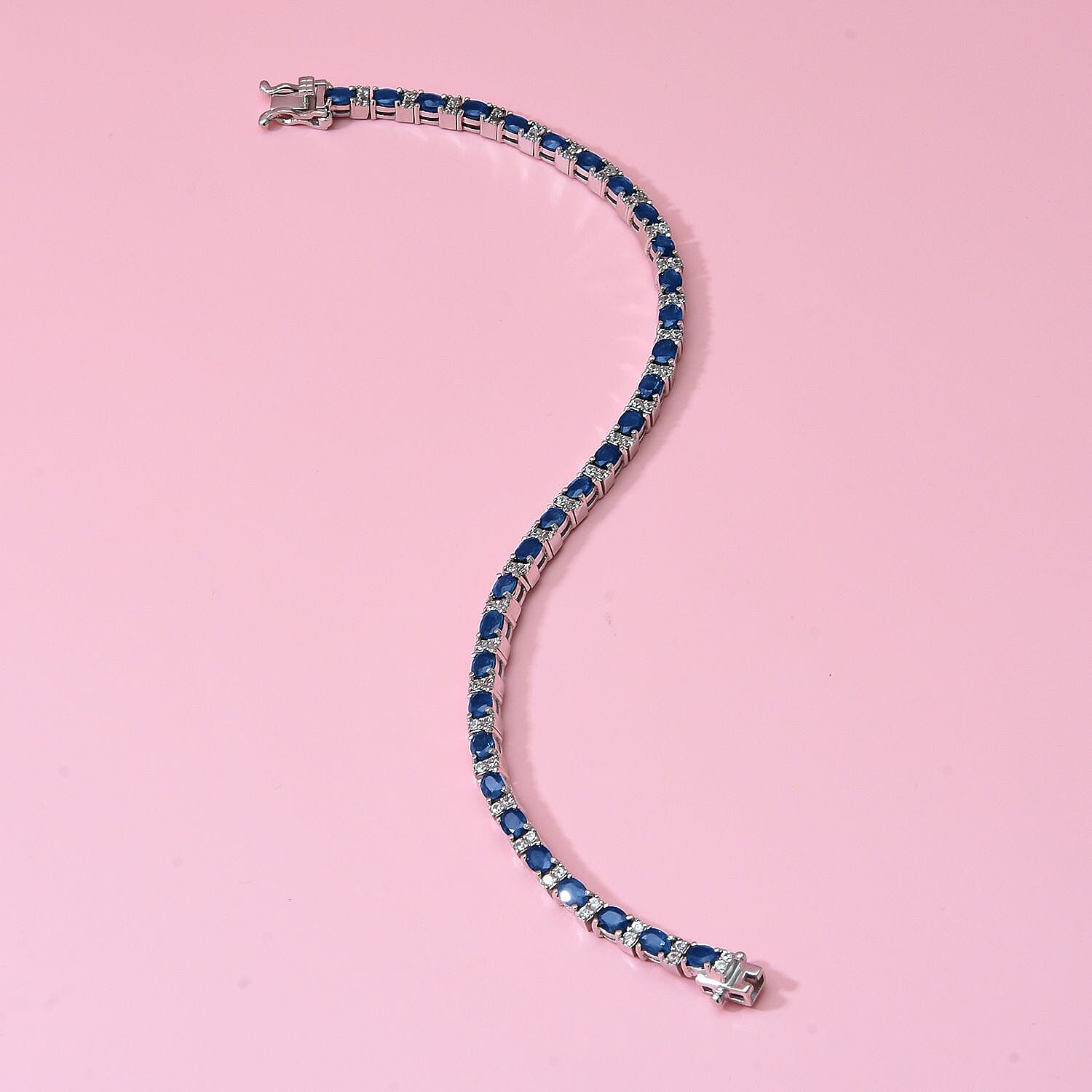 Ocean Teal Sapphire and Natural Cambodian Zircon Bracelet (Size - 7) in Rhodium Overlay Sterling Silver 8.37 Ct, Silver Wt. 8.50 Gms