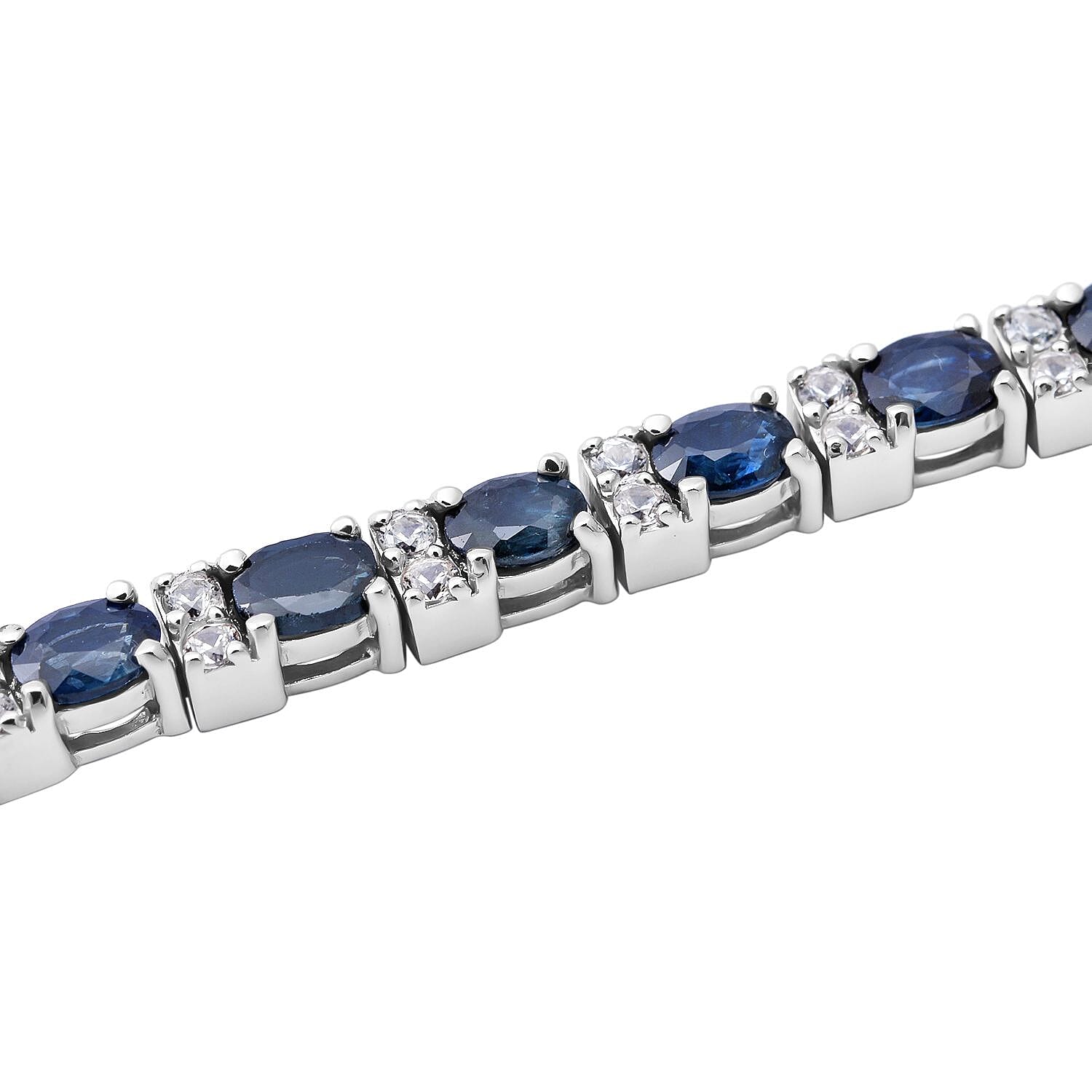 Ocean Teal Sapphire and Natural Cambodian Zircon Bracelet (Size - 7) in Rhodium Overlay Sterling Silver 8.37 Ct, Silver Wt. 8.50 Gms