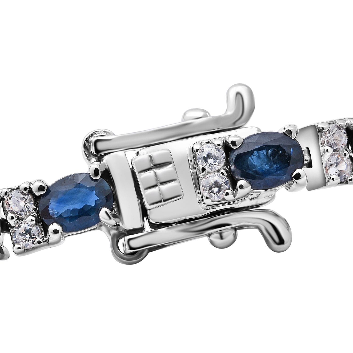 Ocean Teal Sapphire and Natural Cambodian Zircon Bracelet (Size - 7) in Rhodium Overlay Sterling Silver 8.37 Ct, Silver Wt. 8.50 Gms