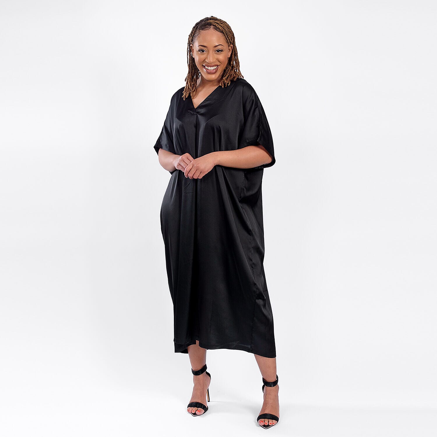 V Neck Satin Kimono Dress (One Size) 8-18 - Black