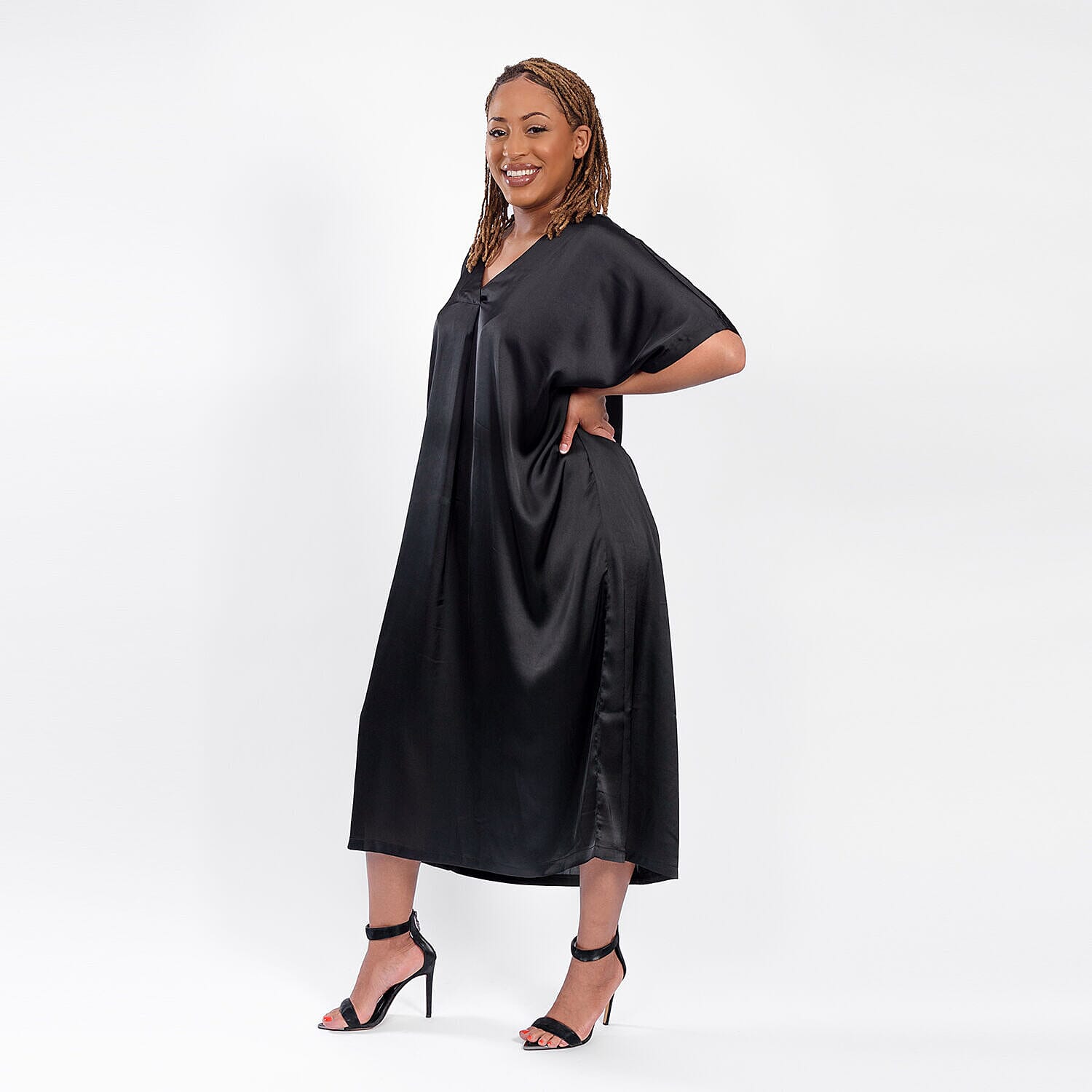 V Neck Satin Kimono Dress (One Size) 8-18 - Black