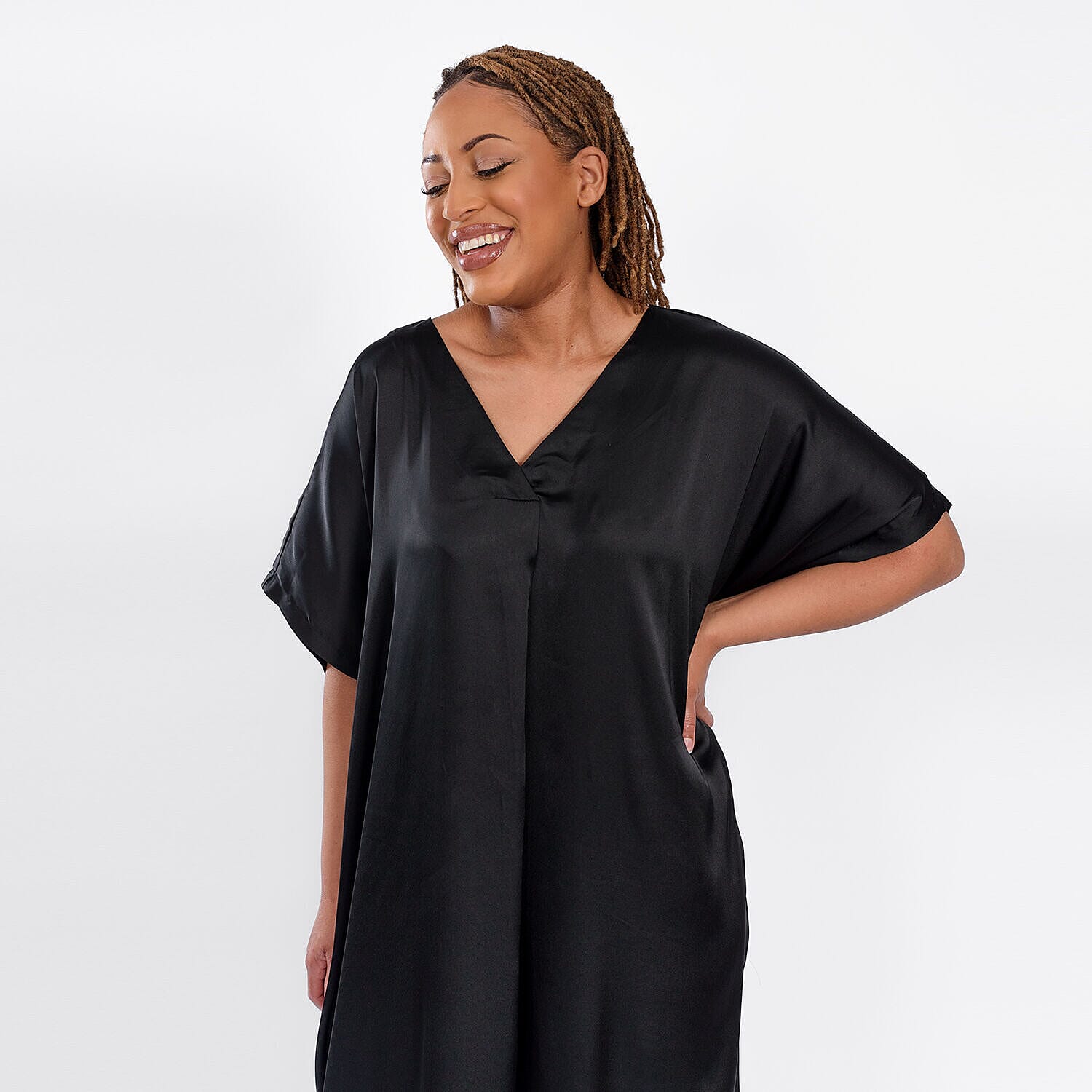 V Neck Satin Kimono Dress (One Size) 8-18 - Black