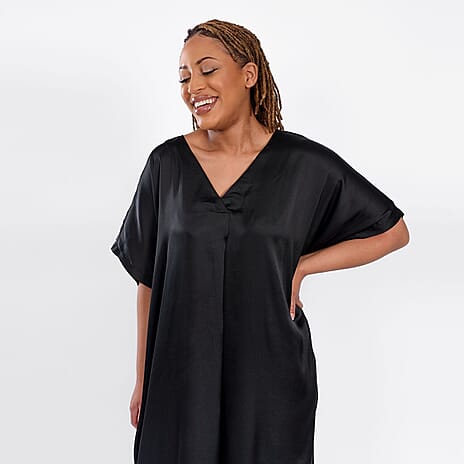V Neck Satin Kimono Dress (One Size) 8-18 - Black