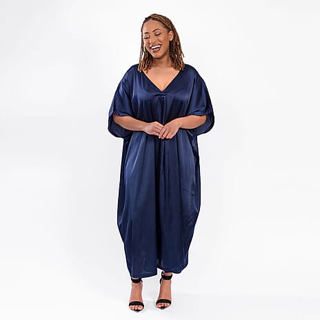 V Neck Satin Kimono Dress (One Size) 8-18 - Navy