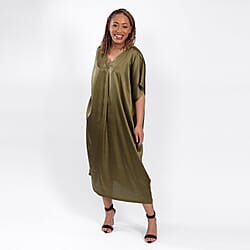 V Neck Satin Kimono Dress (One Size) - Olive