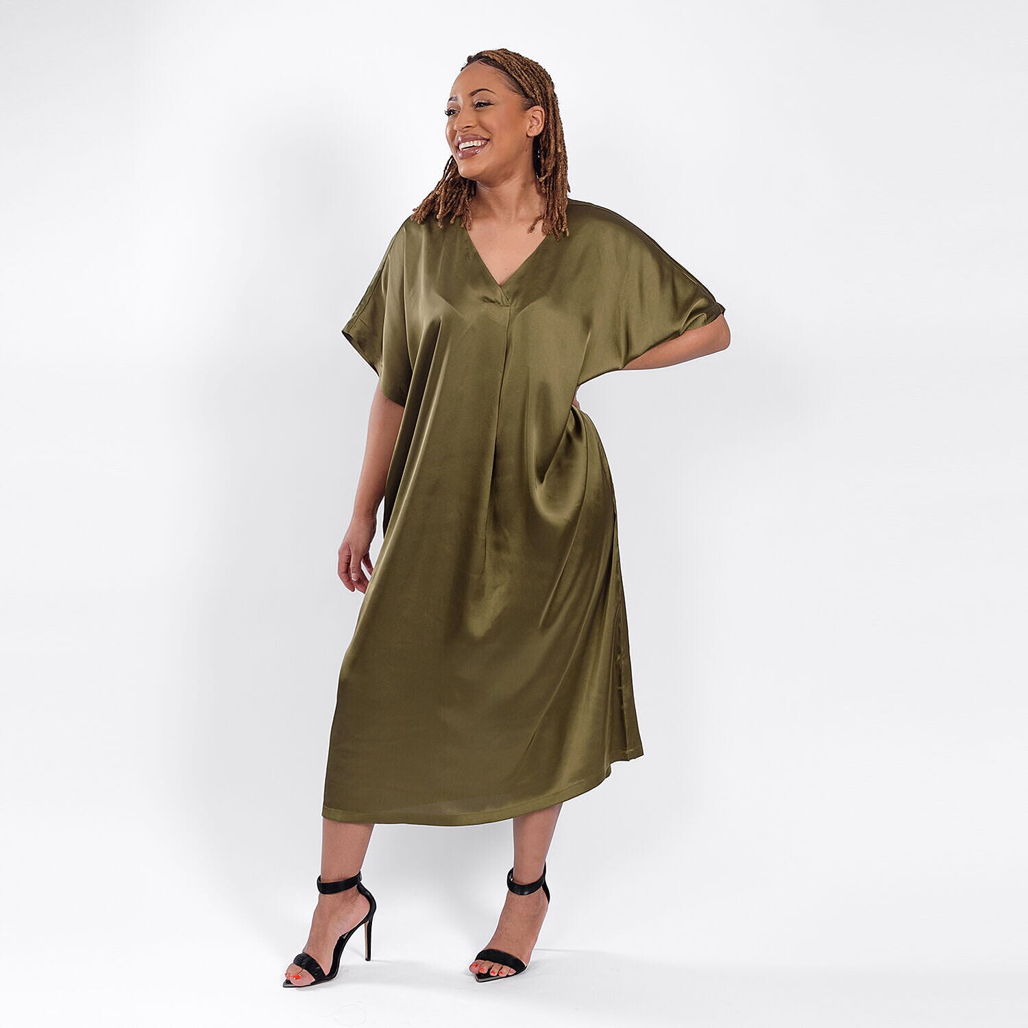V Neck Satin Kimono Dress (One Size) - Olive