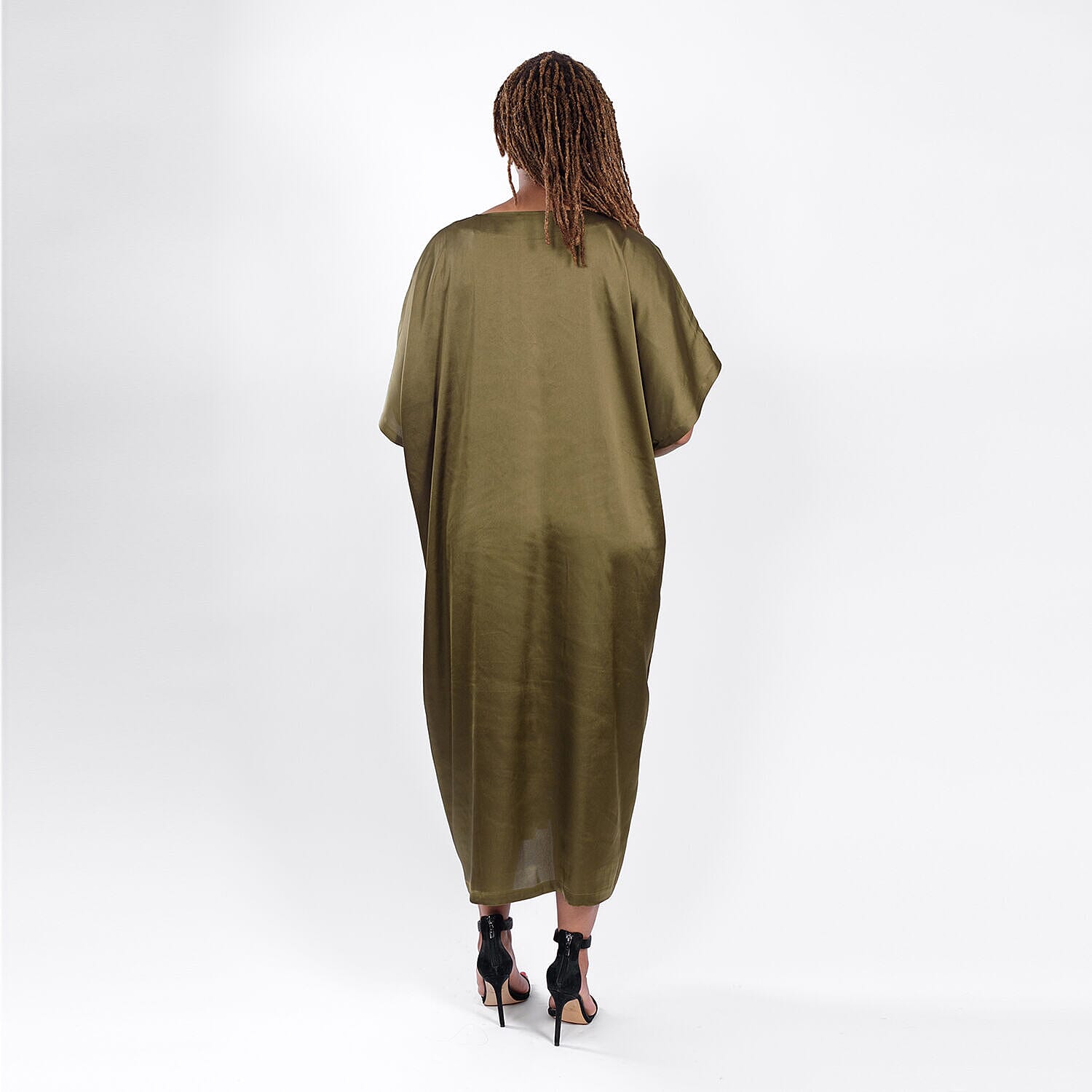 V Neck Satin Kimono Dress (One Size) - Olive