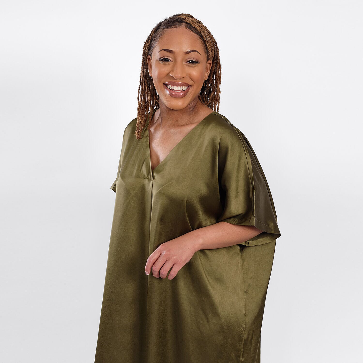 V Neck Satin Kimono Dress (One Size) - Olive