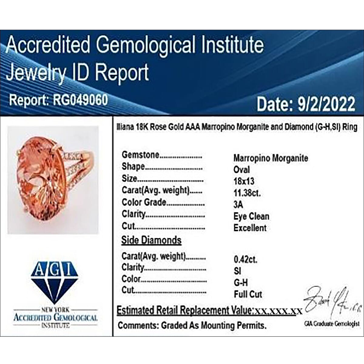 18K Rose Gold AGI Certified and Appraised AAA Marropino Morganite and Diamond (SI-G-H) Ring 11.80 Ct, Gold Wt. 6.40 Gms 18K Rose Gold AGI Certified and Appraised AAA Marropino Morganite and Diamond (SI-G-H) Ring 11.80 Ct, Gold Wt. 6.40 Gms