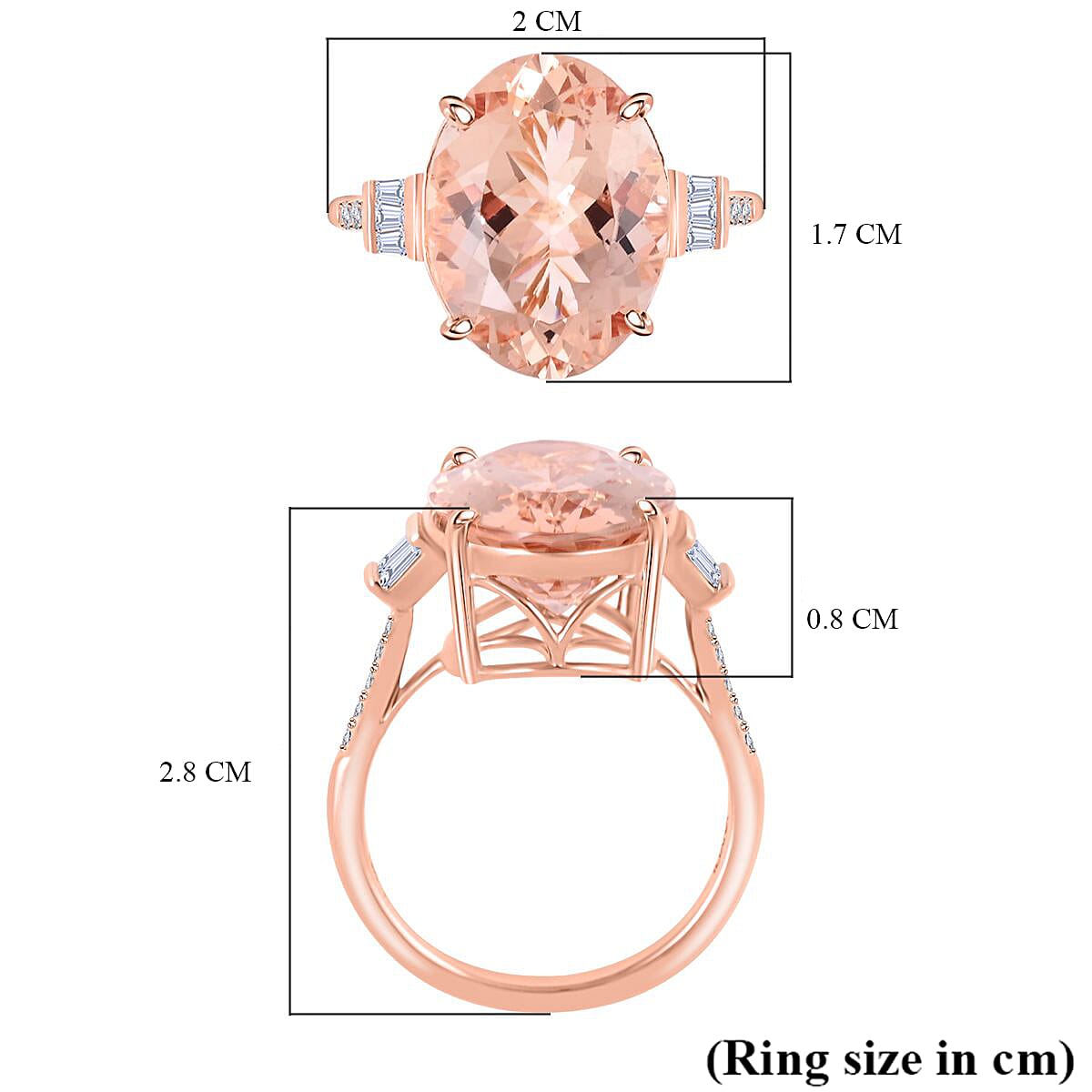 18K Rose Gold  AAA   Marropino Morganite ,  White Diamond  SI Ring 10.10 ct,  Gold Wt. 3.78 Gms  10.100  Ct.
