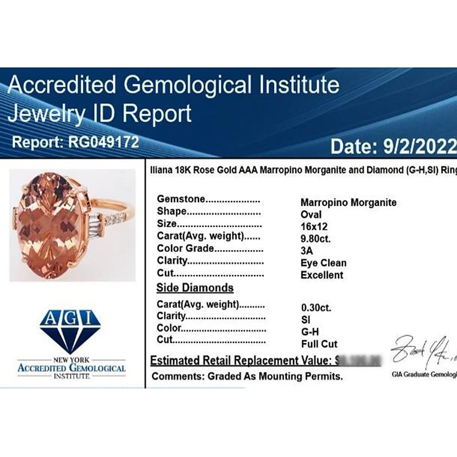 18K Rose Gold  AAA   Marropino Morganite ,  White Diamond  SI Ring 10.10 ct,  Gold Wt. 3.78 Gms  10.100  Ct.