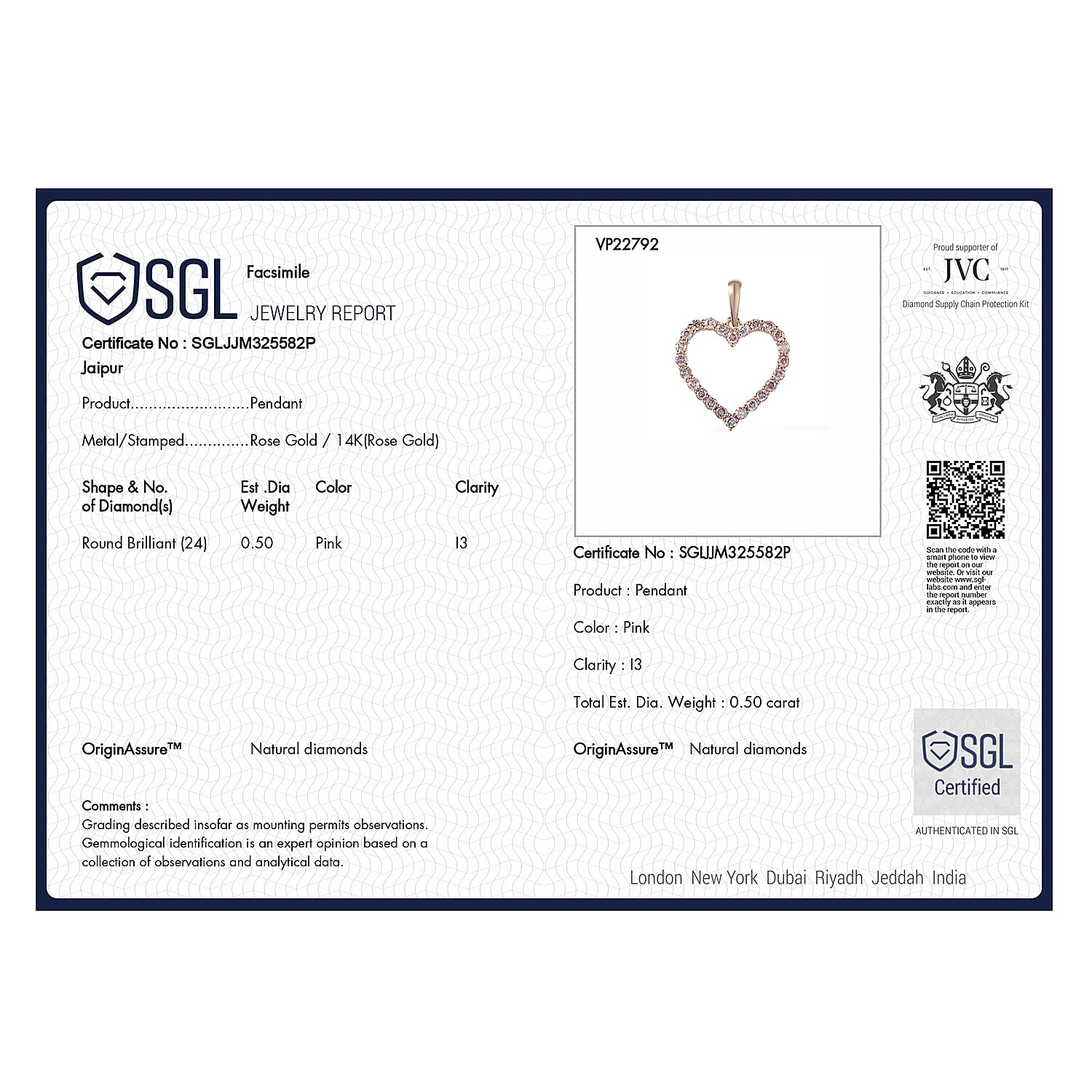 14K Rose Gold SGL Certified Natural Pink Diamond Open Heart Pendant 0.50 Ct.