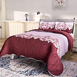 Set of 3 - Patchwork Pattern Quilt and 2 pillowcases (Size 200x200 Cm) - Red