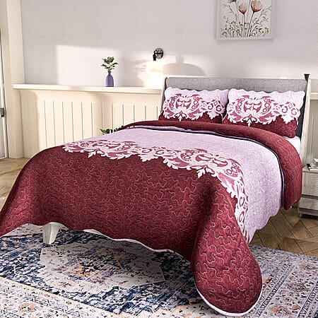 3 Piece Set - Patchwork Pattern Quilt and 2 Pillowcases (Size 200x200 Cm) - Brown